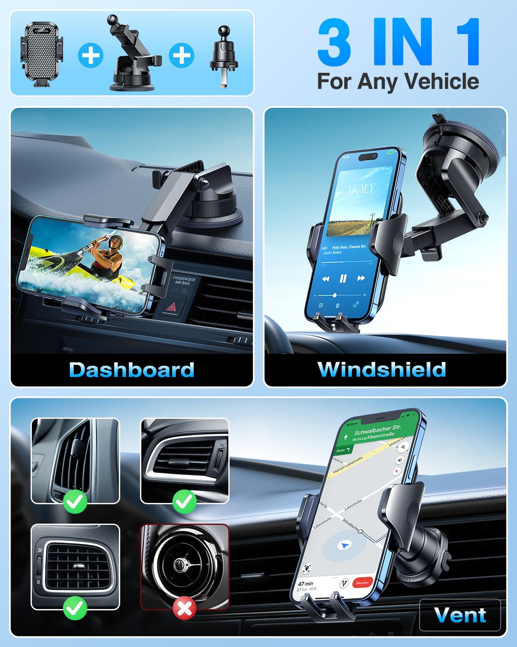 VANMASS [True Military-Grade] Car Phone Holder [Best Suction & Clip] Cell Phone Mount for Dashboard Windshield Vent Truck Cradle Dash Stand for iPhone 15 Pro Max 14 13 12 Android, Blue