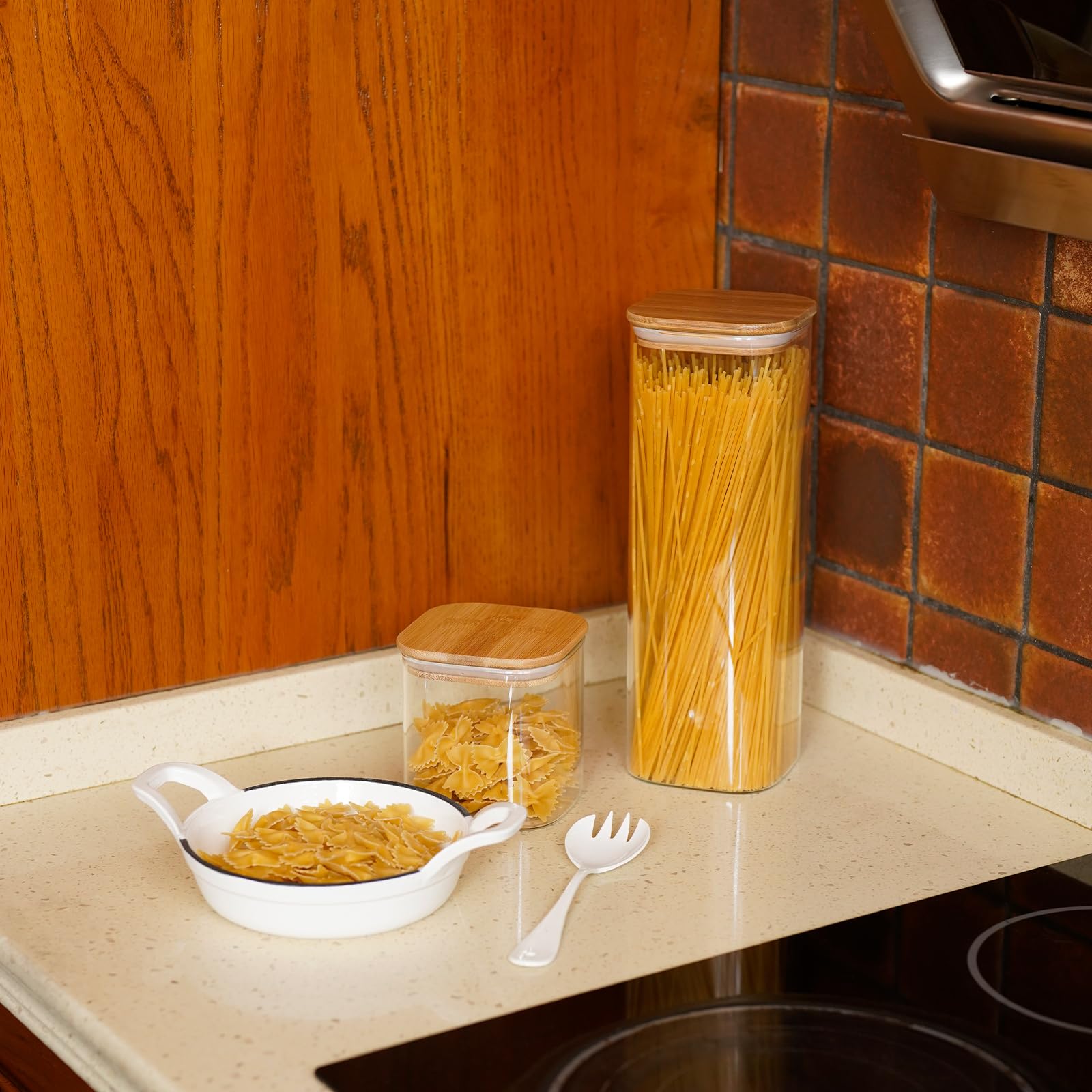 SHOWIN 73oz Glass Pasta Storage Jars, Tall Glass Jars with Bamboo Lids, Spaghetti Container, Set of 3, Kitchen Storage Containers for Pasta, Pantry Organizers