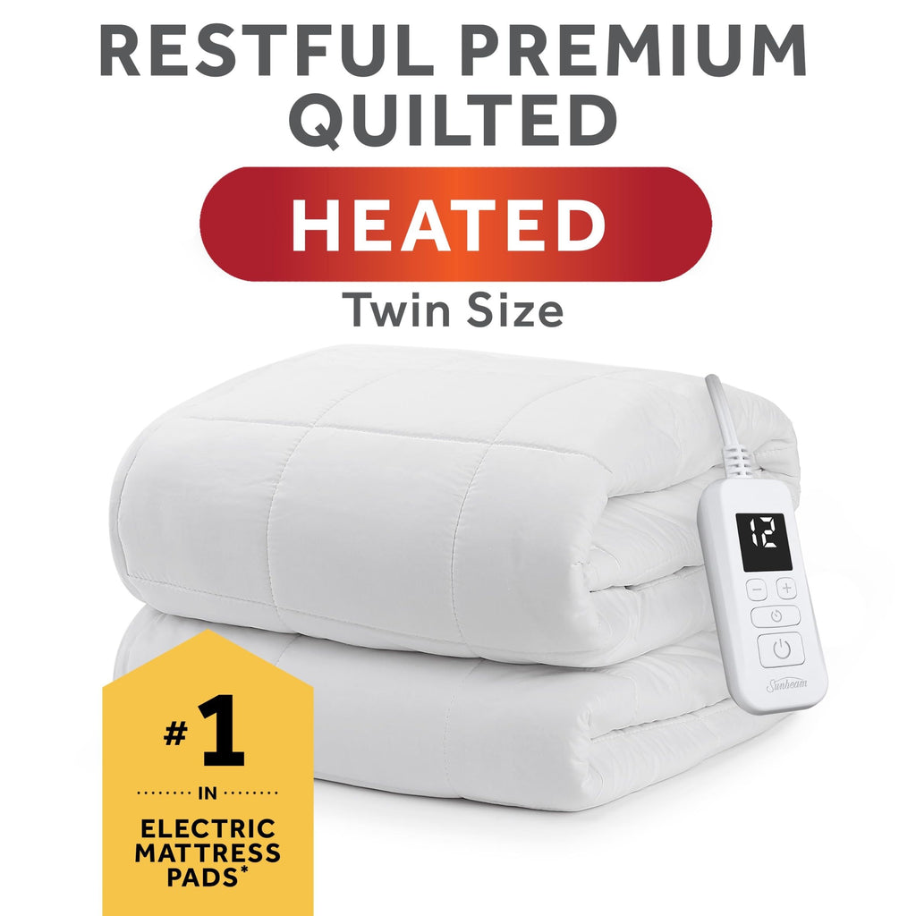 Sunbeam Restful Quilted Water Resistant Heated Mattress Pad - Full White
