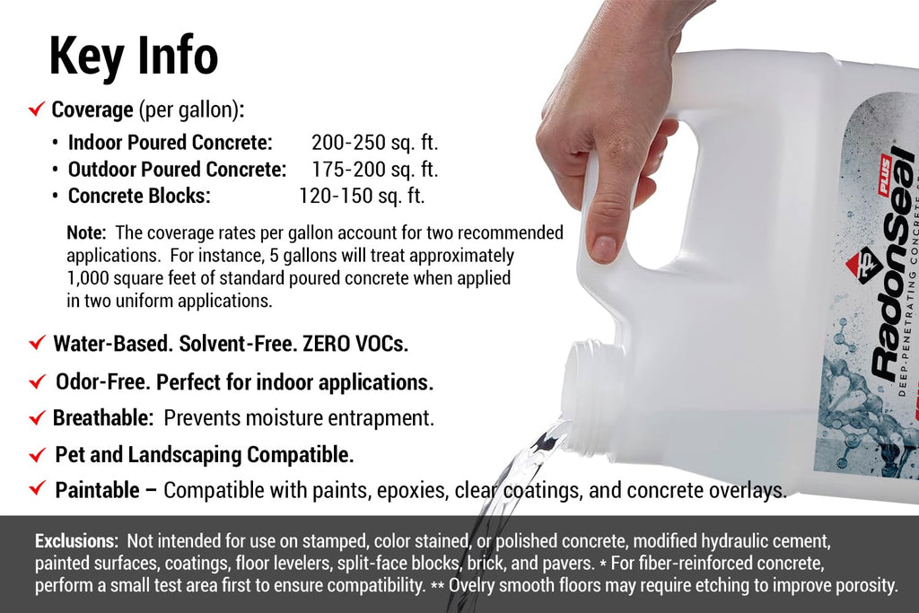 RadonSeal Plus Concrete Sealer – Deep Penetrating Waterproofing for Basement Floors, Foundation Walls & Concrete Block – Reduces Moisture & Strengthens Concrete (5 Gallon)