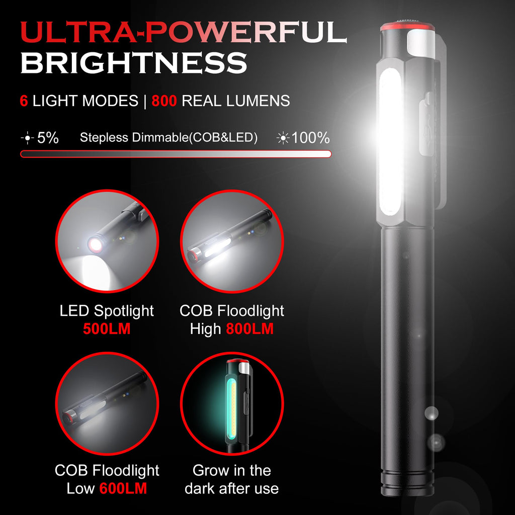 Rechargeable Pen Light, 800 Lumens LED Pen Flashlights 6 Modes COB Magnetic Flashlight with Clip Bright Pocket Flashlights Work Light Portable Waterproof Durable Penlight for Work Emergency