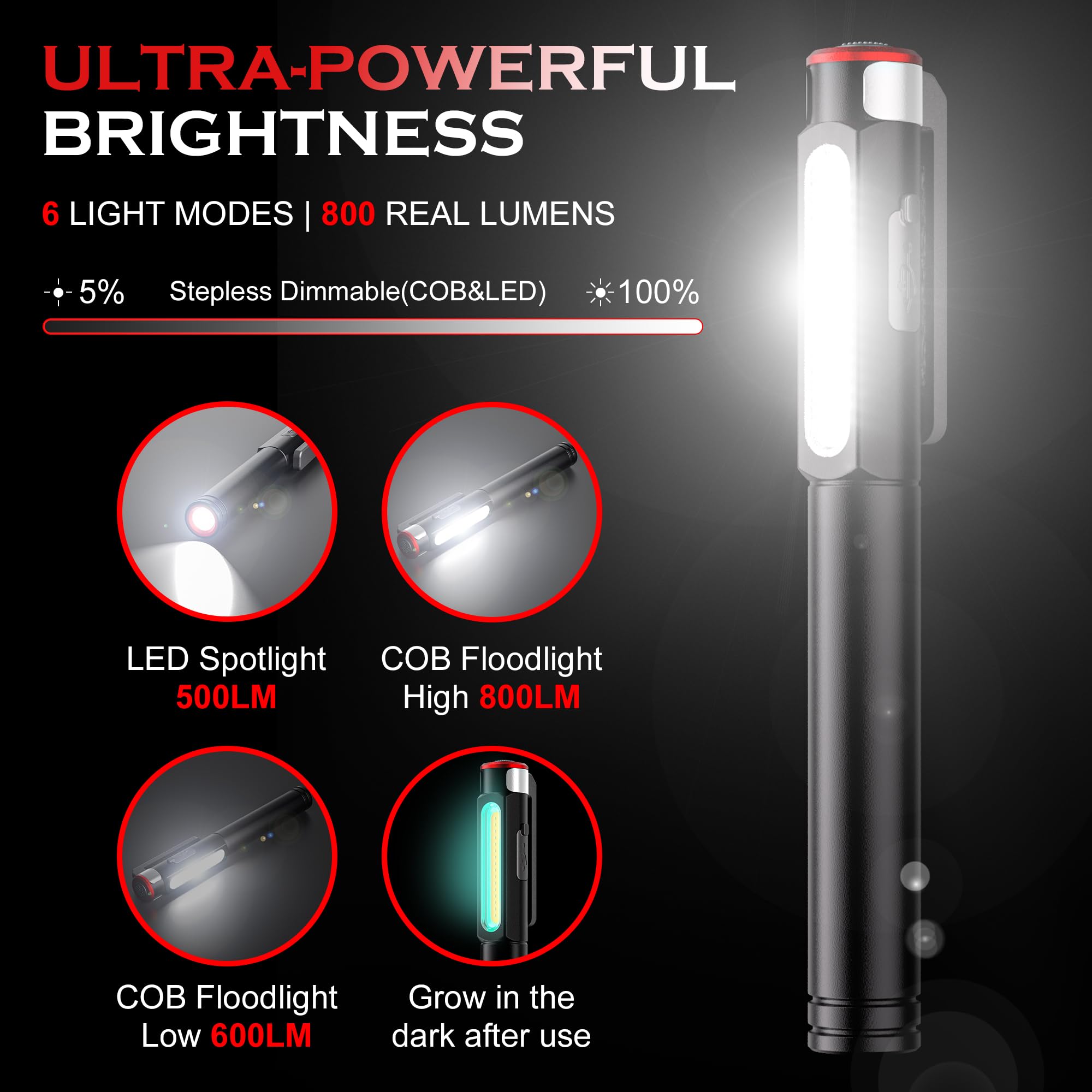 Rechargeable Pen Light, 800 Lumens LED Pen Flashlights 6 Modes COB Magnetic Flashlight with Clip Bright Pocket Flashlights Work Light Portable Waterproof Durable Penlight for Work Emergency