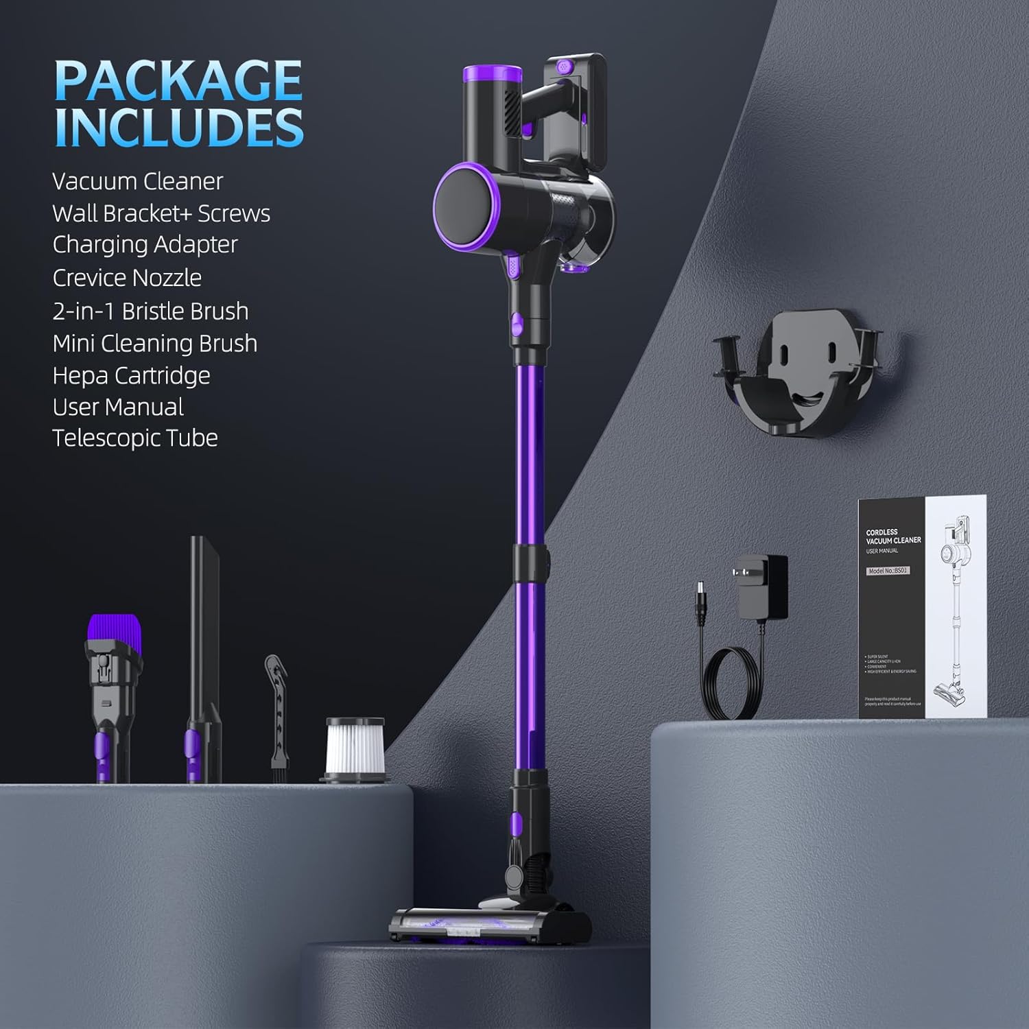 Bieiao Cordless Vacuum Cleaner, Stick Vacuum with LED Display, 2 Modes 6 in 1 Lightweight Rechargeable Cordless Stick Vacuum with 40Min Detachable Battery Vacuum Cleaner for Home Hard Floor Carpet