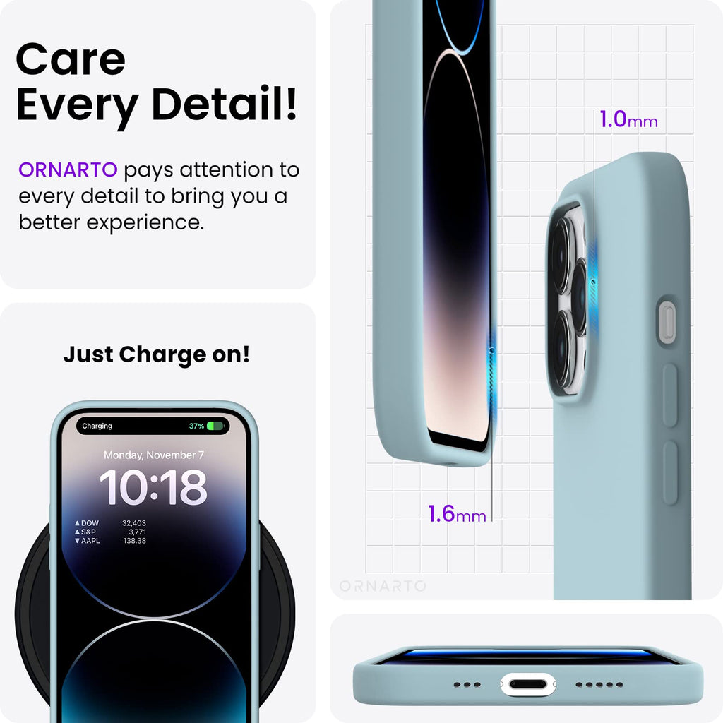 ORNARTO Compatible with iPhone 14 Pro Case 6.1, Slim Liquid Silicone 3 Layers Full Covered Soft Gel Rubber Phone Case Protective Cover with Microfiber Lining 6.1 inch-Baby Blue