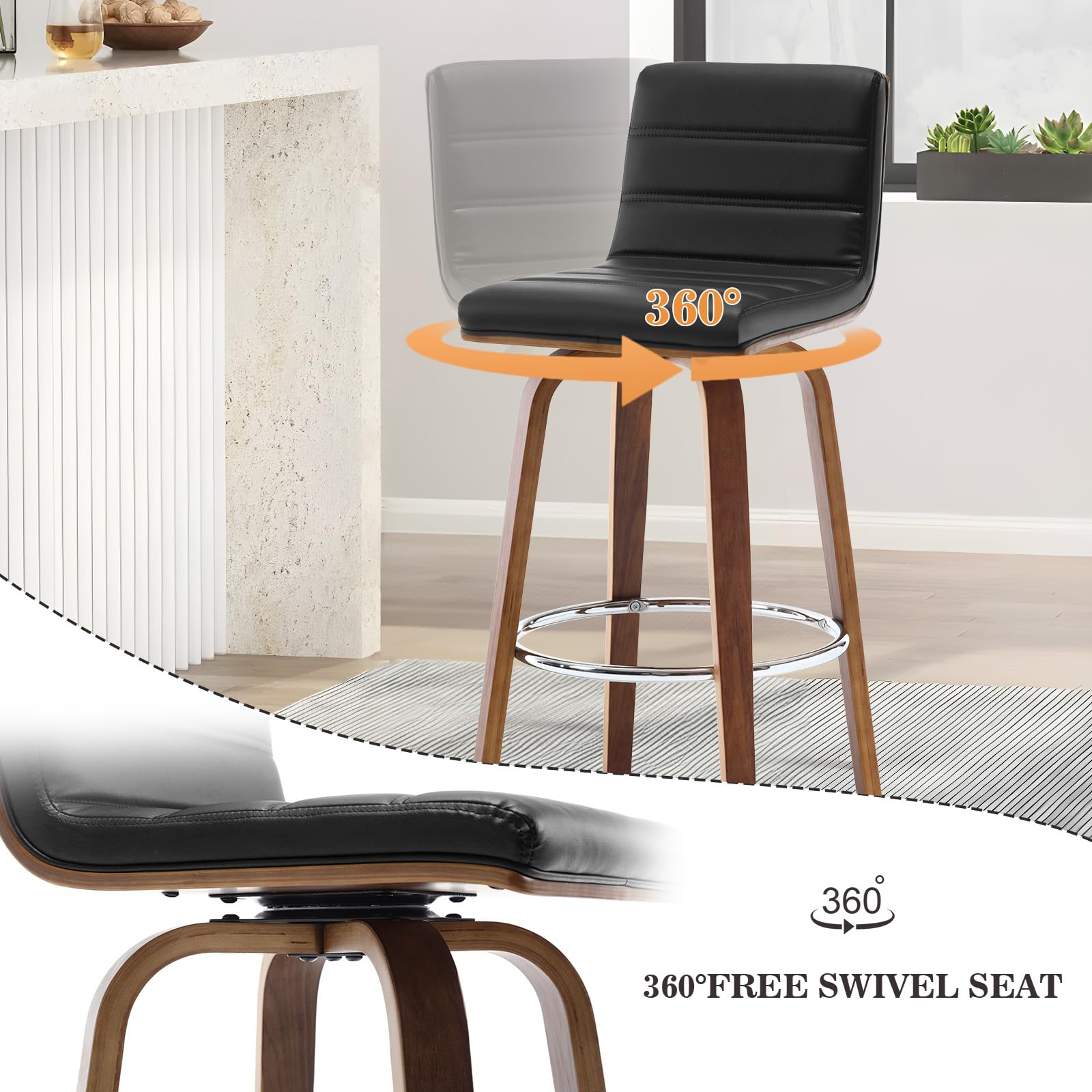Bar Stools 29 Inch Bar Height, Swivel Bar Stools with Backs Upholstered PU Leather Barstool, L Shape Back and Padded Seat, Mid-Century Modern Bar Stool Pub Chairs for Kitchen Counter Island, Black