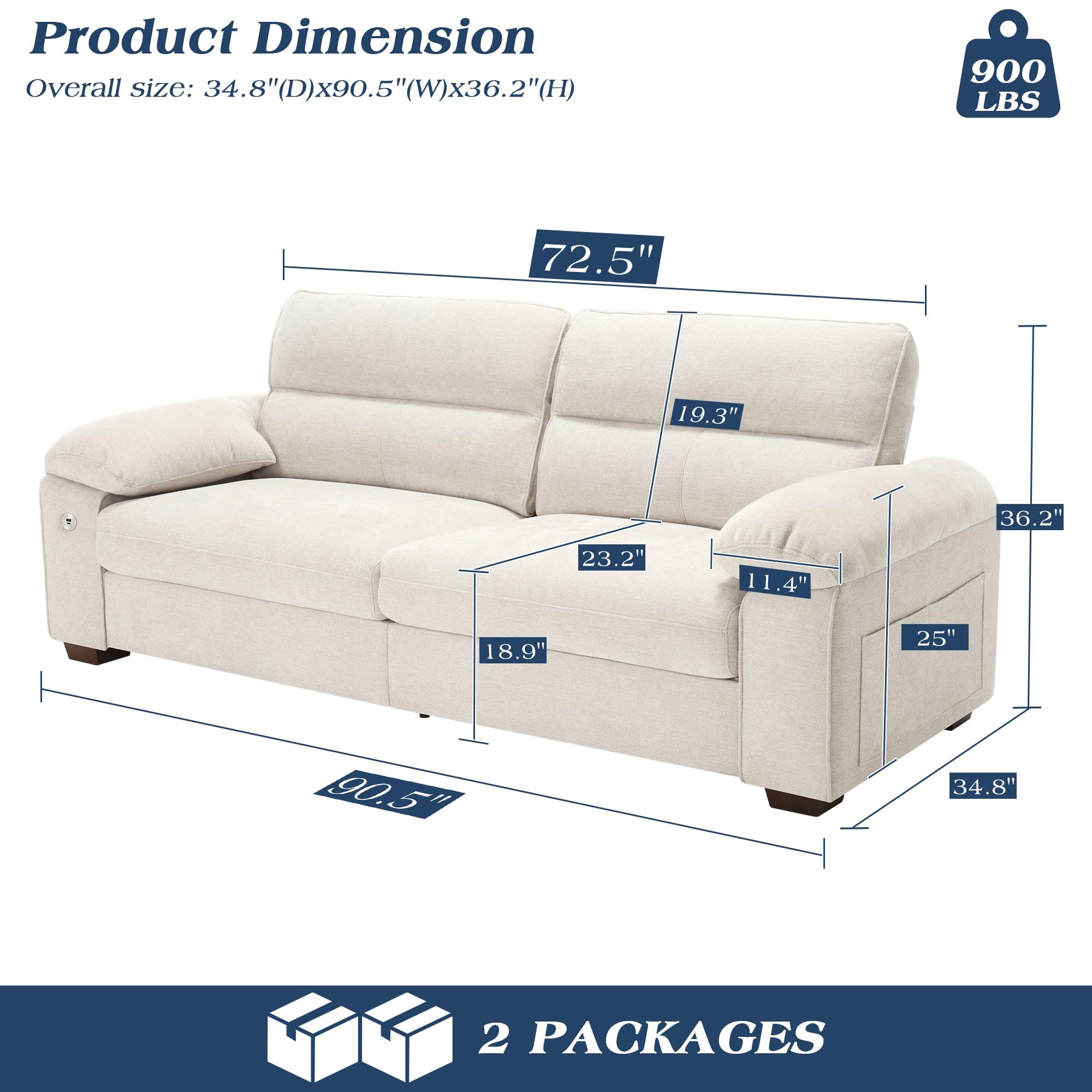 WorthFurni Sofas for Living Room, Chenille Loveseat Couch Set, Small Sofa, 3 Seater Sofa, USB Charging, Removable Sofa Cover,Solid Wood Frame, Easy to Install(70inch,Beige)