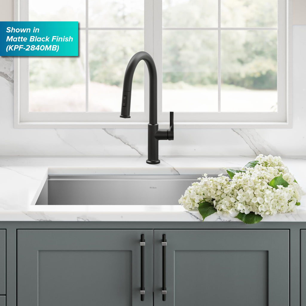 KRAUS Torak Pull Down Kitchen Faucet in Matte Black with Commercial Style Spring Spout, 2 Function Sprayer, Pre-Attached Water Lines, and Mounting Hardware, KPF-2635MB