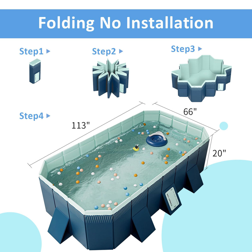 WIRHAO Foldable Non-Inflatable Kids' and Adults' Outdoor Swimming Pool Hard Plastic Shell Kid Pool for Backyard Dog Pools (113" x 66" x 20")
