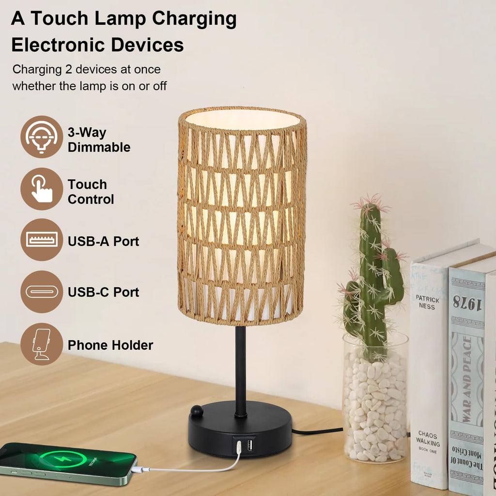 Rattan Bedside Table Lamps Set of 2 - Boho Lamps With 3 Color Temperatures & USB AC Port, Pull Chain Table Lamp For Bedroom, Cute Small Lamp For Nightstand Office Desk Bed Side End Table Living Room