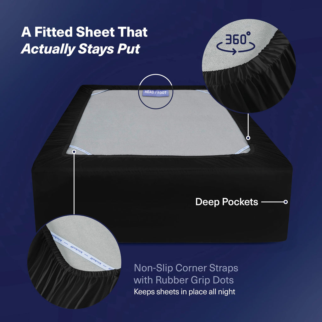 Kickoff Viscose Bamboo Fitted Sheet Twin Size, 100% Organic Cooling Sheets Fitted ONLY Viscose Bamboo Sheets Twin Size Bed Sheet for Hot Sleepers, Extra Deep Pocket, 4 Corner Strap (T, Onyx Black)