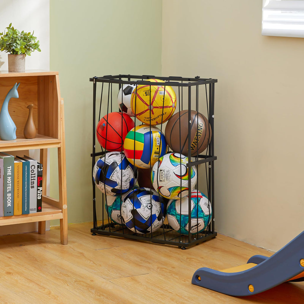 Hencawima Garage Ball Storage: Round Sports Equipment Organizer with Wheels, Sports Ball Rack With Elastic Rope, Ball Holder for Basketball, Soccer, Volleyball, Football, Garage, Gym, Outdoor (Black)