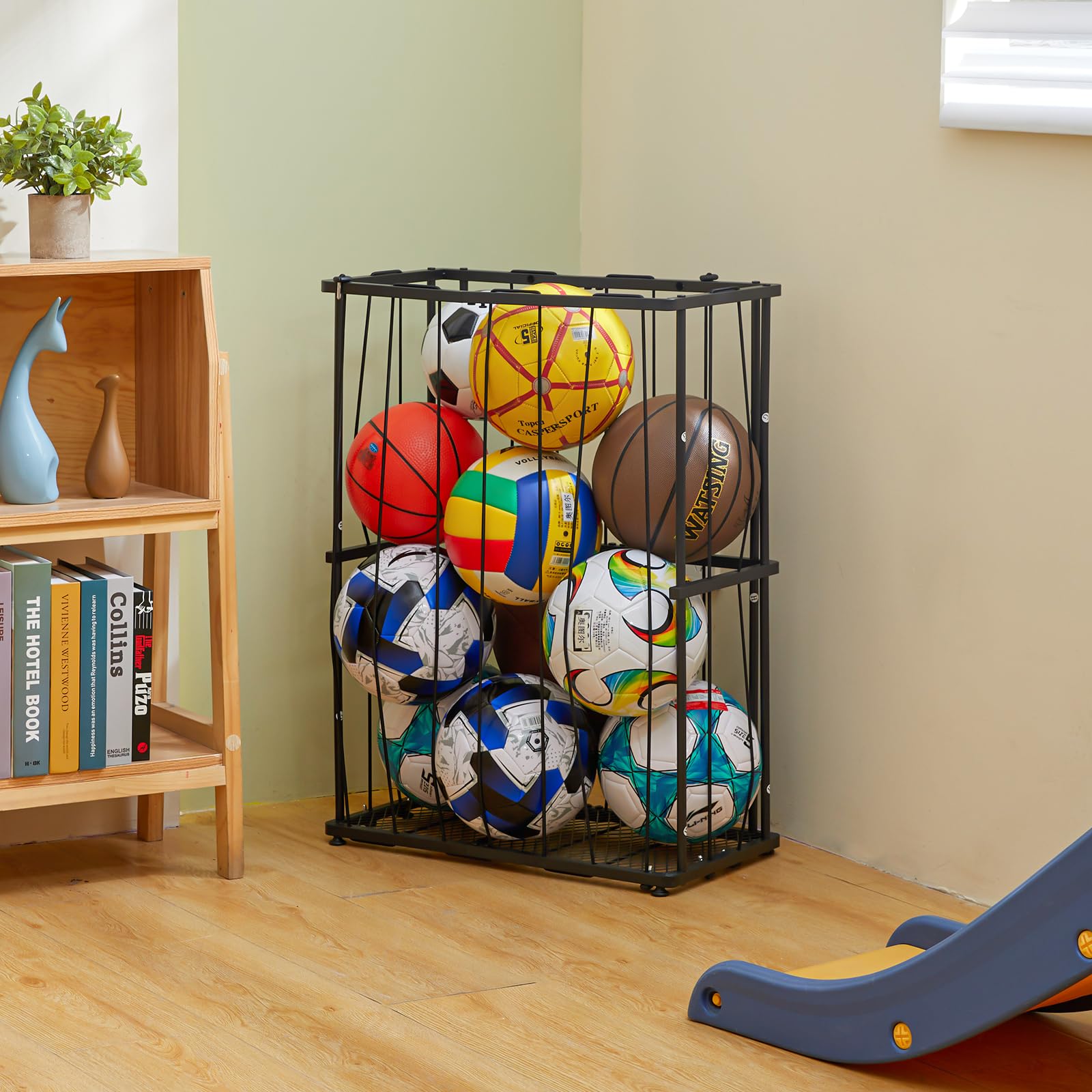 Hencawima Garage Ball Storage: Round Sports Equipment Organizer with Wheels, Sports Ball Rack With Elastic Rope, Ball Holder for Basketball, Soccer, Volleyball, Football, Garage, Gym, Outdoor (Black)
