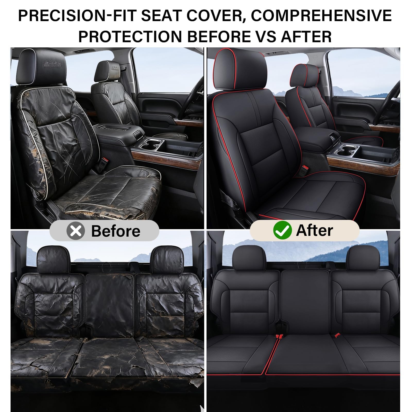 Coverado Chevy Silverado Seat Covers, Faux Leather Seat Covers Fit for Chevy Silverado GMC Sierra 2007-2025 1500, 2015-2025 2500HD 3500HD Crew Double Extended Cab (Front, Black)