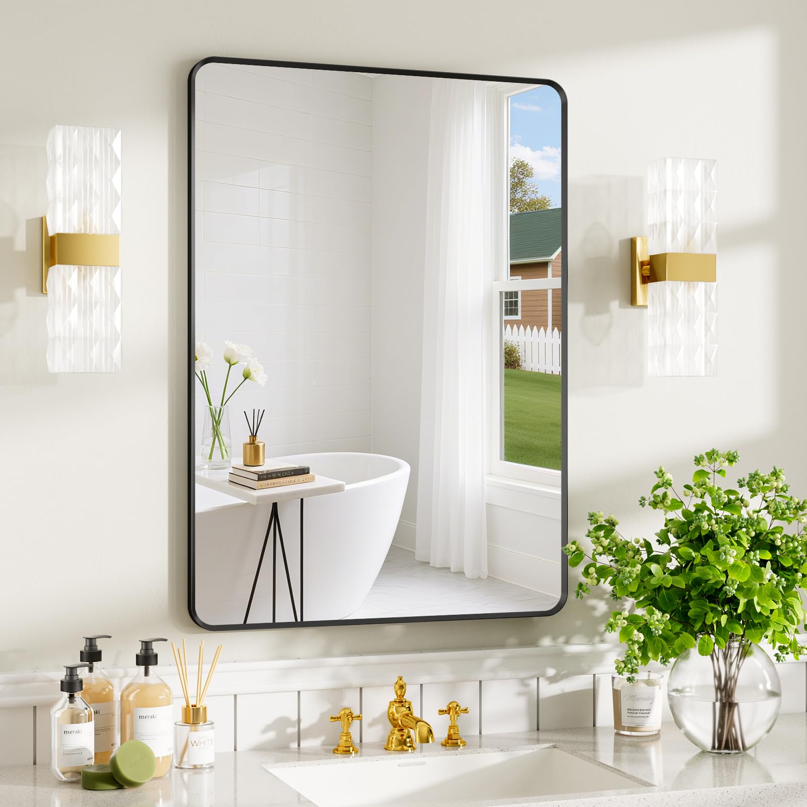 22x30 inch Gold Bathroom Mirror,Rounded Rectangle Gold Metal Framed, HD Tempered Glass, Horizontal or Vertical Hanging, Modern Bathroom Decor