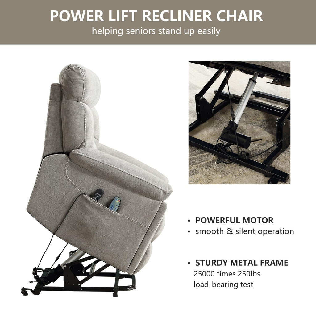 CANMOV Dual Motor Power Lift Recliner Chair for Elderly, 27" Extra-Wide Seat 450 lbs Weight Capacity Infinite Position Adjustment, with Heated Massage, Cup Holders and USB Port, Camel Fabric
