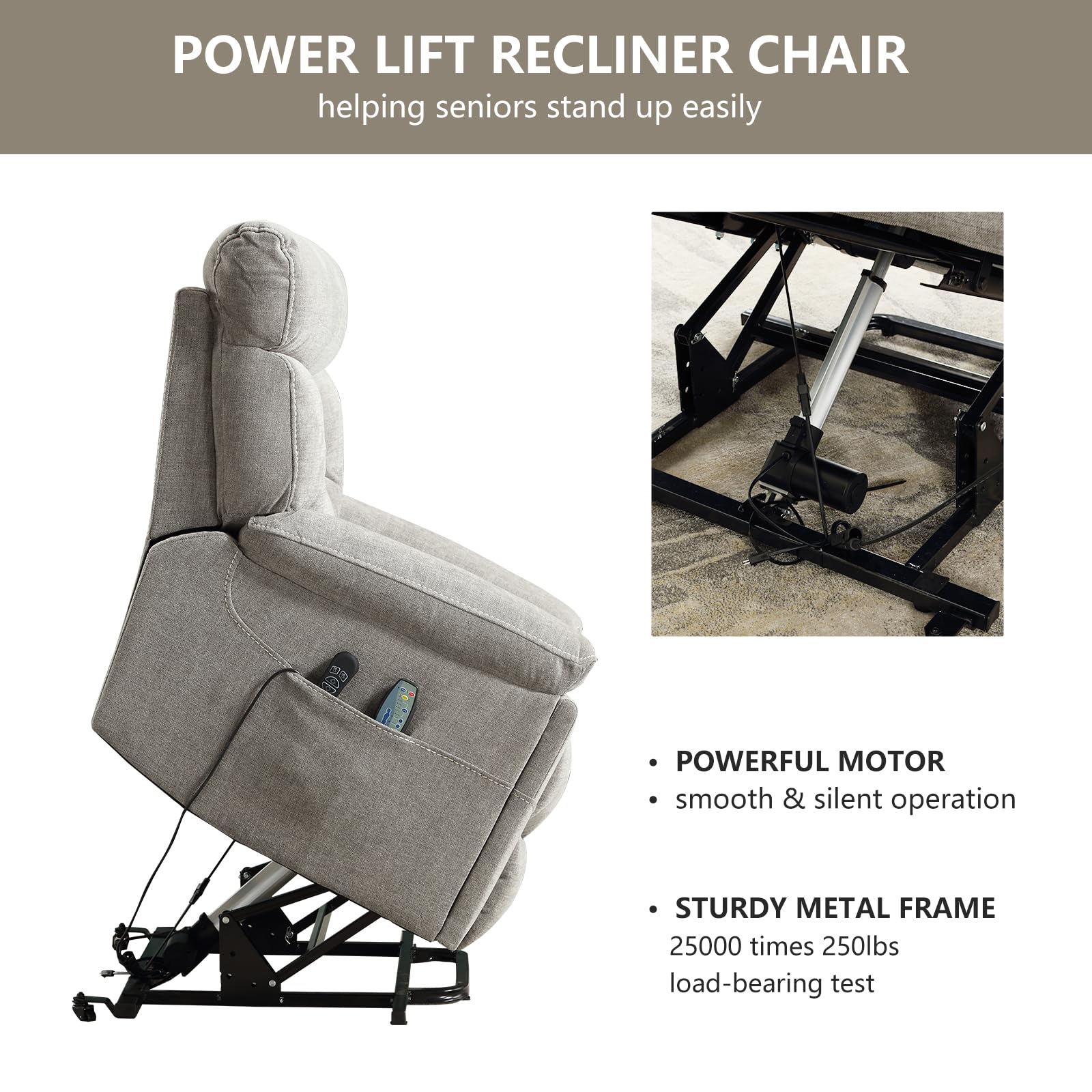 CANMOV Dual Motor Power Lift Recliner Chair for Elderly, 27" Extra-Wide Seat 450 lbs Weight Capacity Infinite Position Adjustment, with Heated Massage, Cup Holders and USB Port, Camel Fabric