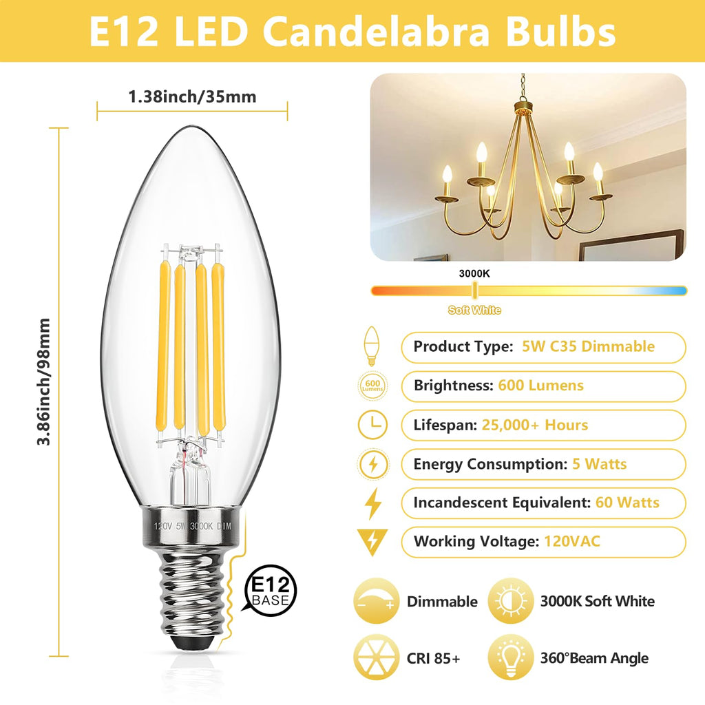 MAXvolador Dimmable E12 LED Candelabra Bulbs 60W Equivalent, Daylight White 5000K, 600LM Chandelier Light Bulb, B11 LED Candle Light Bulbs, 12 Pack