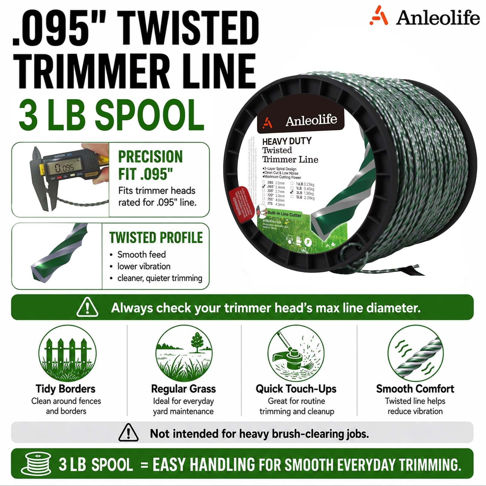 A Anleolife 1-Pound Heavy Duty Sawtooth 140-mil-by-108-ft Dual Core String Serrated Trimmer Line Donut for Walk Behind Wheeled Mowers with Built-in Line Cutter
