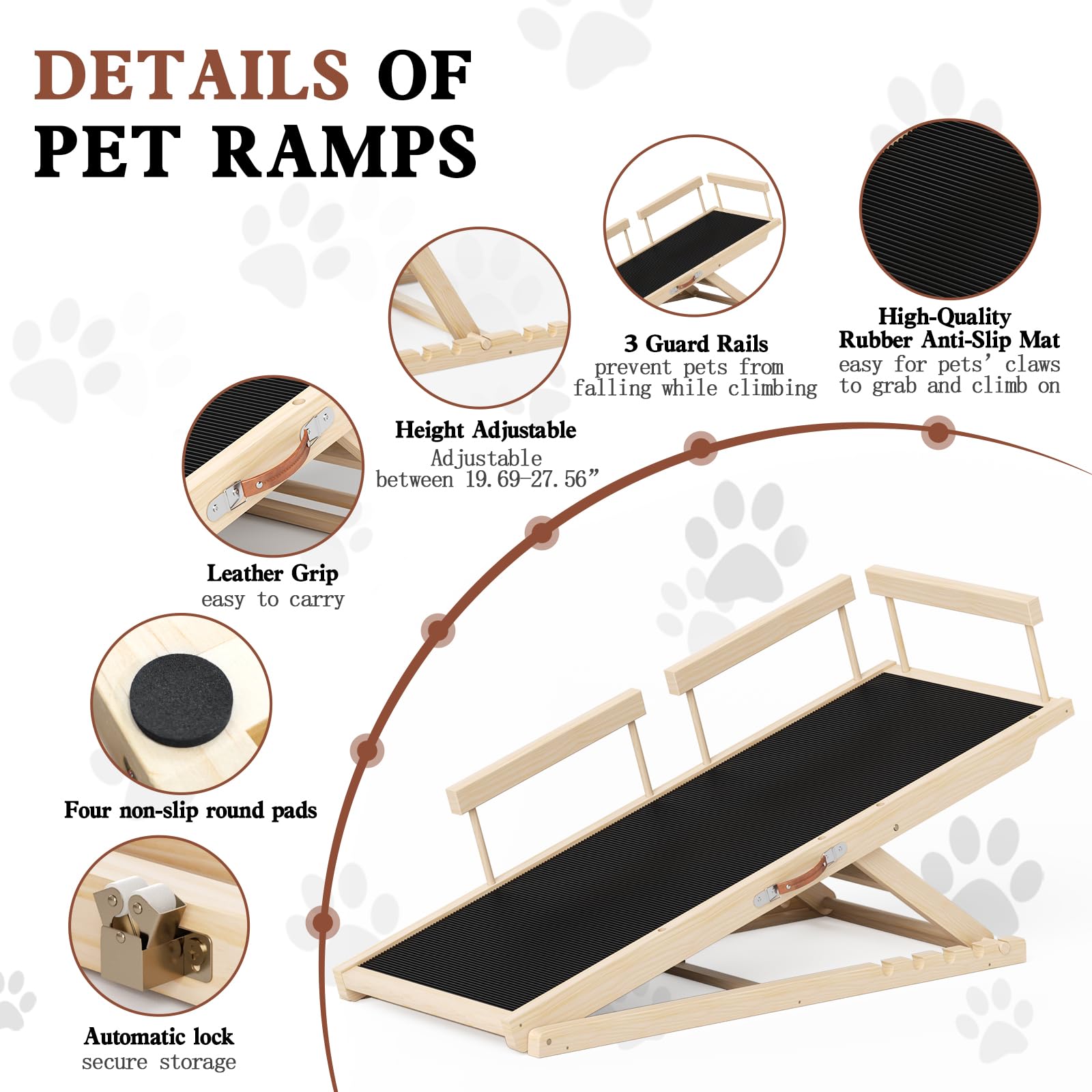 Dog Ramp for Couch, Wooden Pet Ramps 39.37" Long Adjustable 12"-20.47" Folding Puppy Ramps with Anti-Slip Rubber Mat, Dog Stairs for Small & Medium Older Dogs & Cats, up to 100lbs