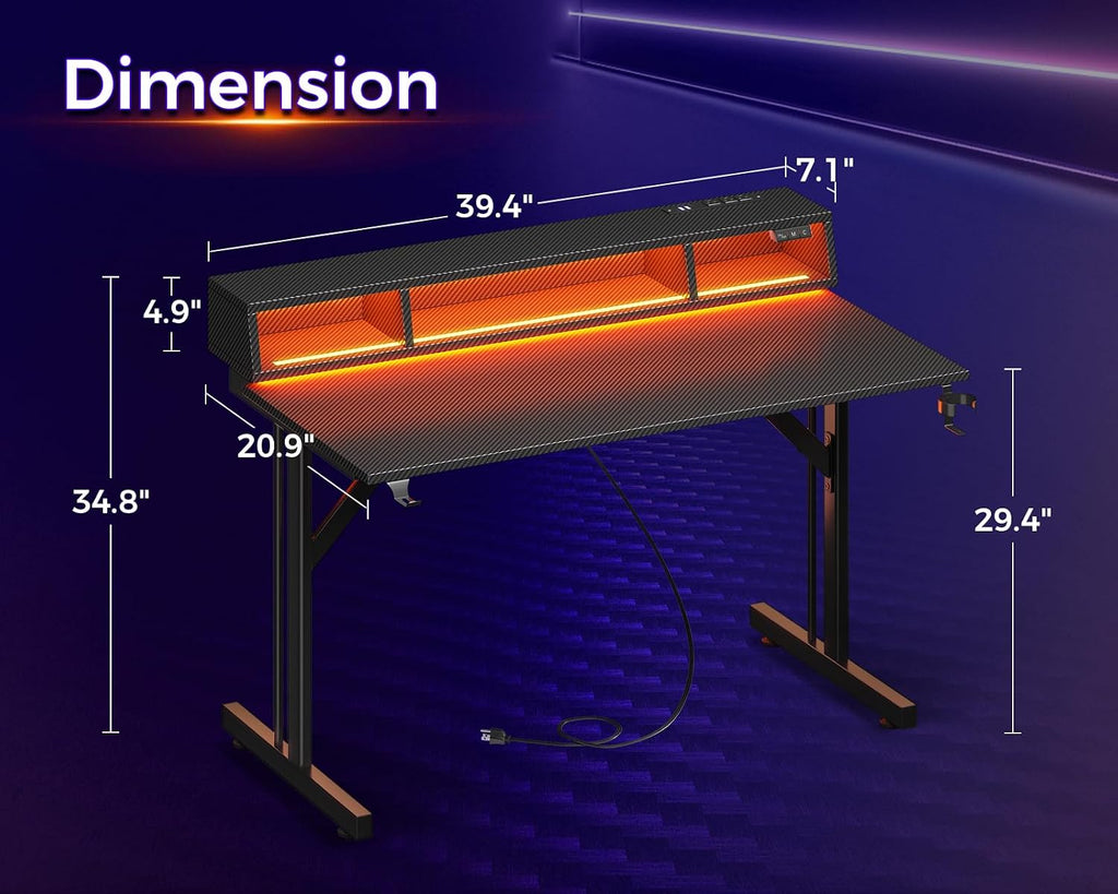 MOTPK 40 inch Gaming Desk with LED Lights & Power Outlets, Small Computer Gaming Table with Float Monitor Stand, Kids Boys Desk with Carbon Fiber Texture