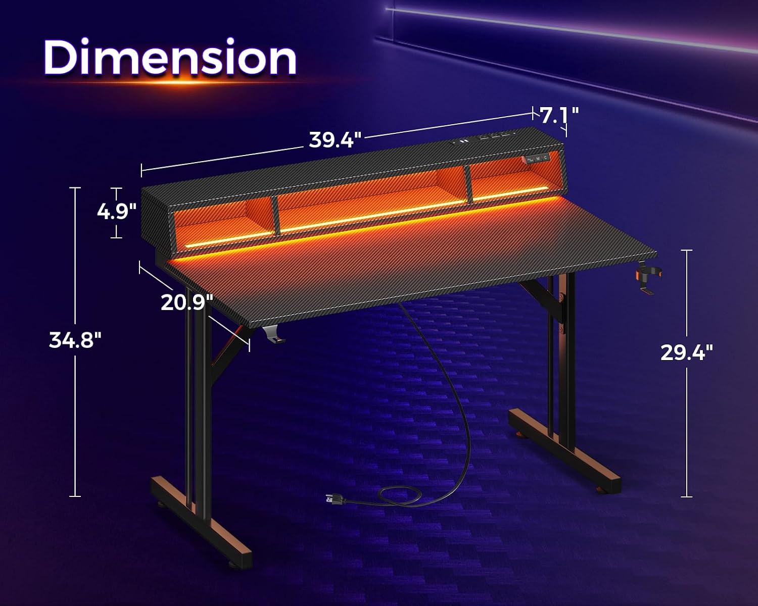 MOTPK 40 inch Gaming Desk with LED Lights & Power Outlets, Small Computer Gaming Table with Float Monitor Stand, Kids Boys Desk with Carbon Fiber Texture