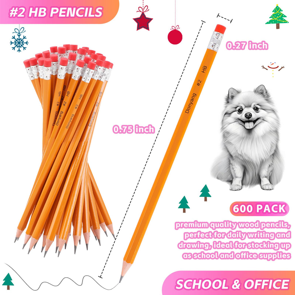 Donyang 600 Pack #2 HB Pencils Bulk, Pre-Sharpened with Erasers, Teacher Supplies Office Essentials Accessories, Number 2 HB Yellow Pencils for Writing, Drawing and Sketching