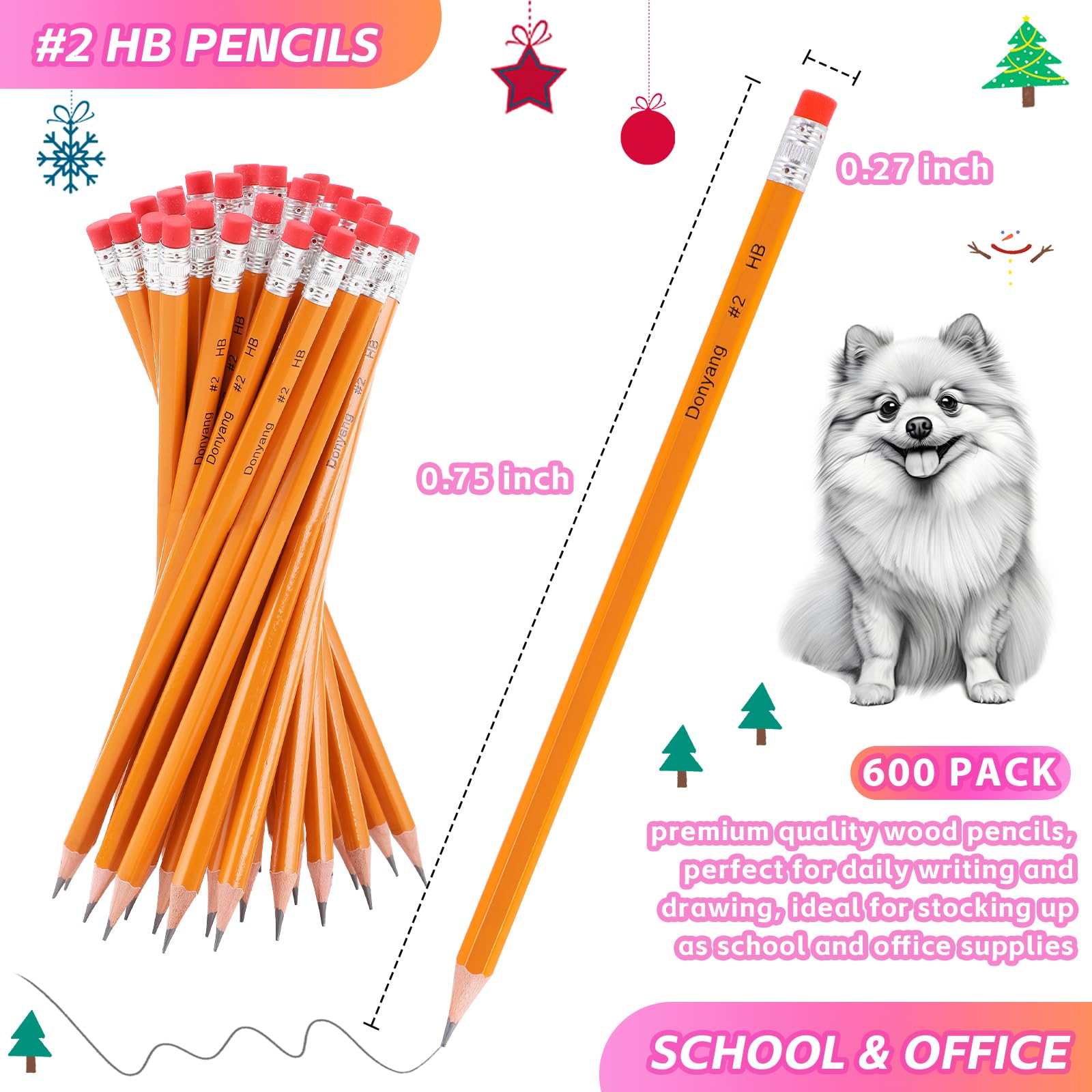 Donyang 600 Pack #2 HB Pencils Bulk, Pre-Sharpened with Erasers, Teacher Supplies Office Essentials Accessories, Number 2 HB Yellow Pencils for Writing, Drawing and Sketching