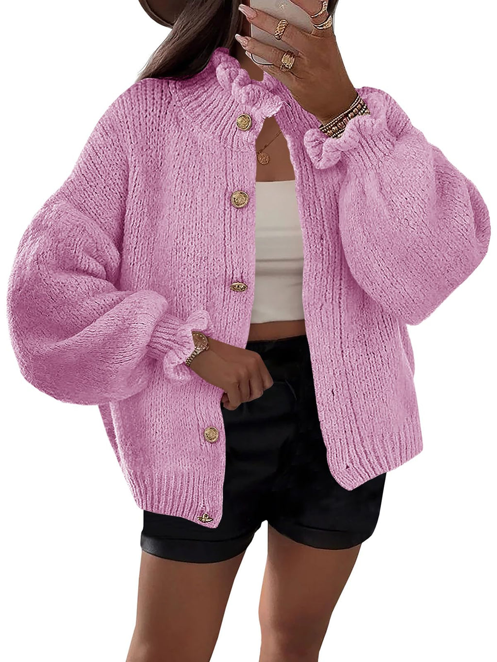 Saodimallsu Womens Ruffle Cardigan Oversized Button Up Fall Trendy Ribbed Knit Open Front Long Sleeve Loose Cute Sweater