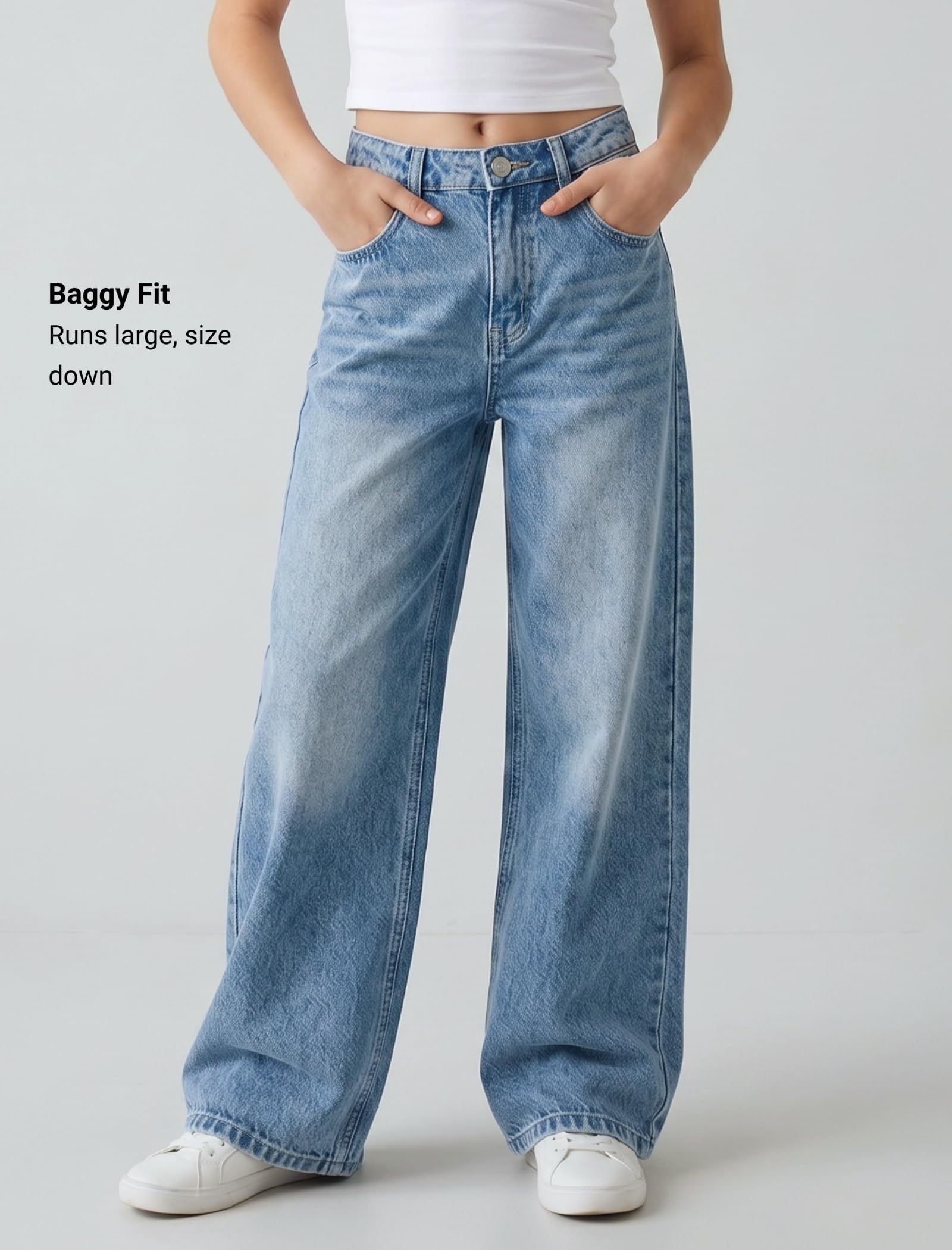 EXARUS Girls Jeans Baggy Wide Leg Cute Teen Tween Long Denim Pants Clothes Tall Junior Elastic Band Pockets
