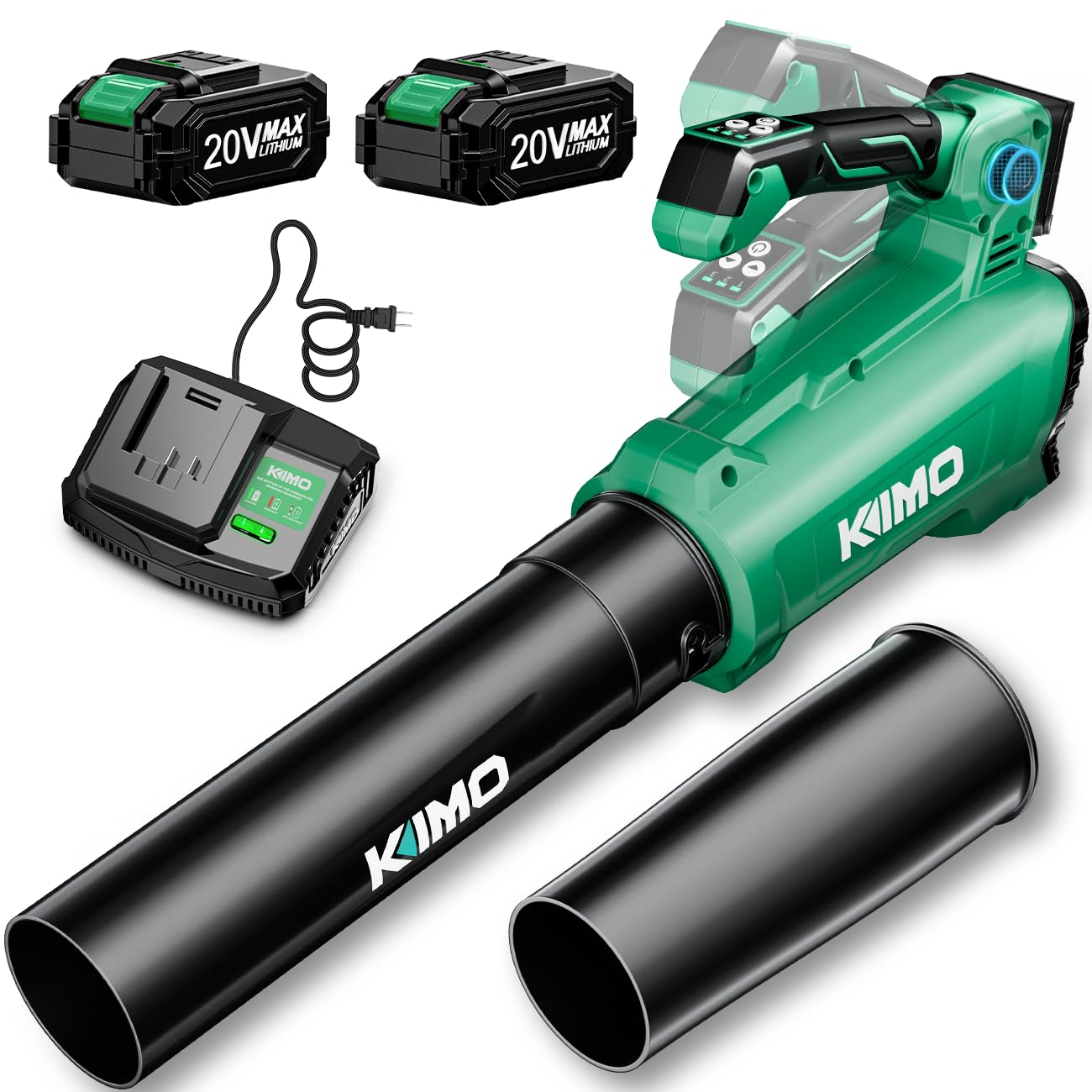 KIMO Leaf Blower Cordless with Battery and Charger, 540CFM/220MPH, Precision Adjustment Handle, 3Speeds w/ Visual Panel, Lightweight, 2 Extended Tube, 2* 2.0 Battery Powered Leaf Blowers for Lawn Care