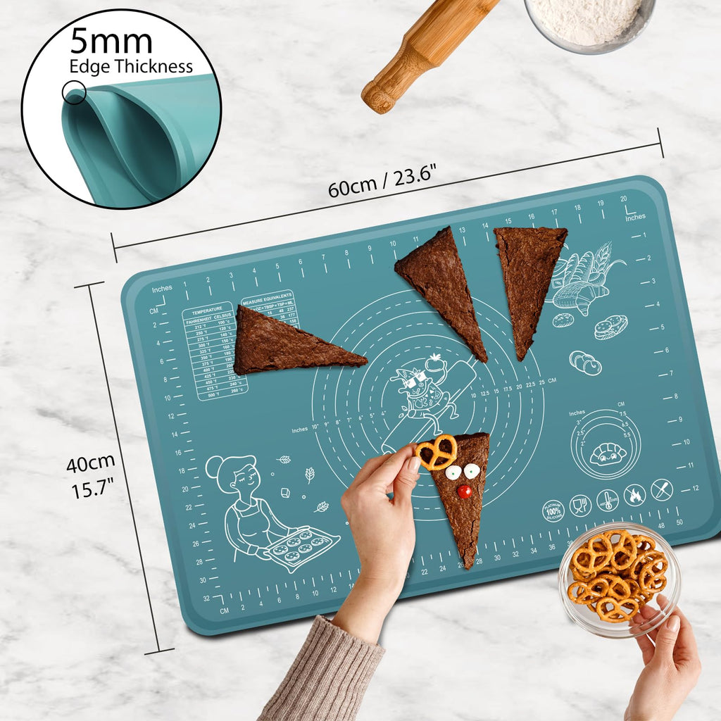 Silicone Baking Mat 24" x 16" Extra Thick Non-stick Pastry Mat with Measurements and Edge Heightening, Food Grade Silicone for Countertop Dough Rolling Making Bread, Cookies, Pizza, Fondant, Pasta