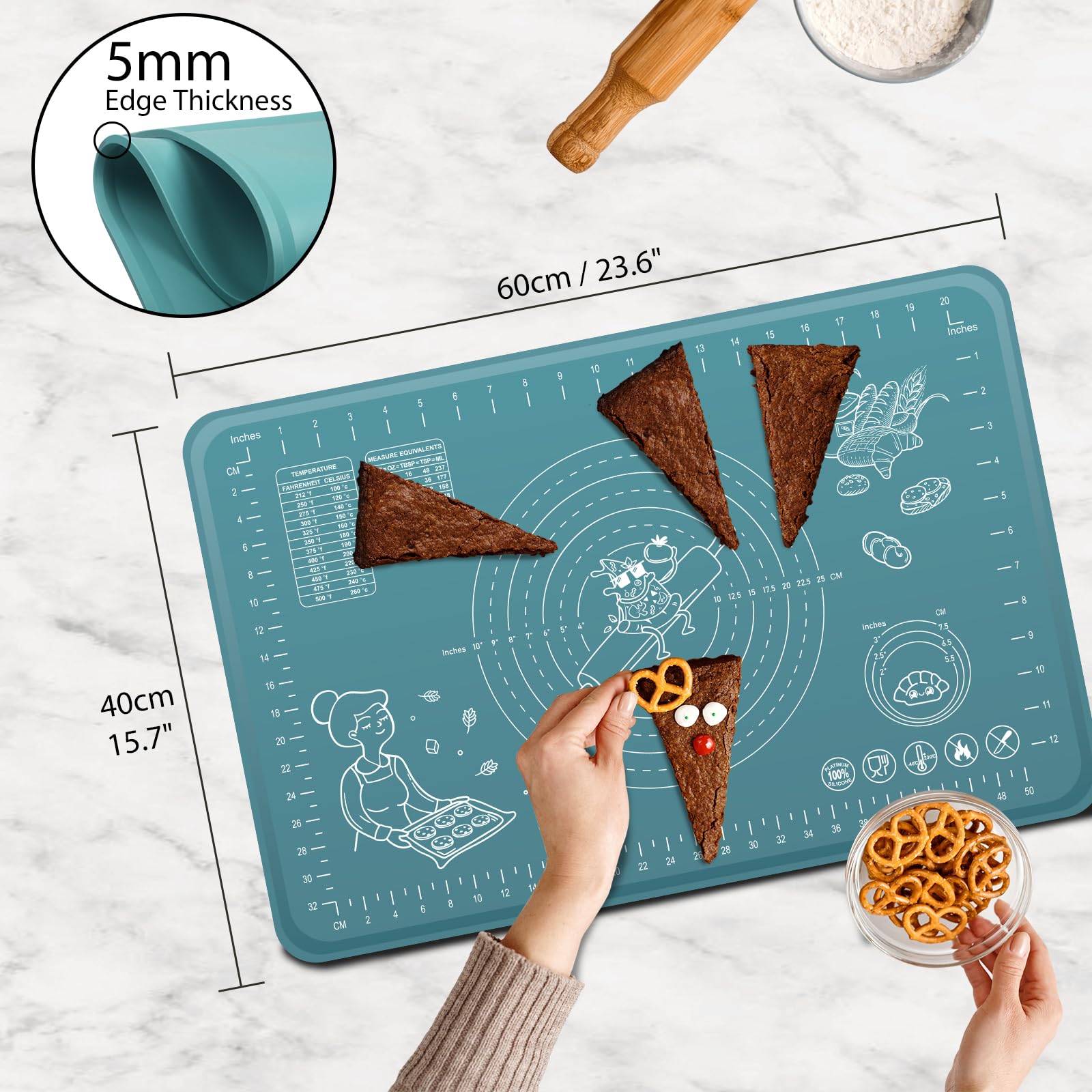 Silicone Baking Mat 24" x 16" Extra Thick Non-stick Pastry Mat with Measurements and Edge Heightening, Food Grade Silicone for Countertop Dough Rolling Making Bread, Cookies, Pizza, Fondant, Pasta
