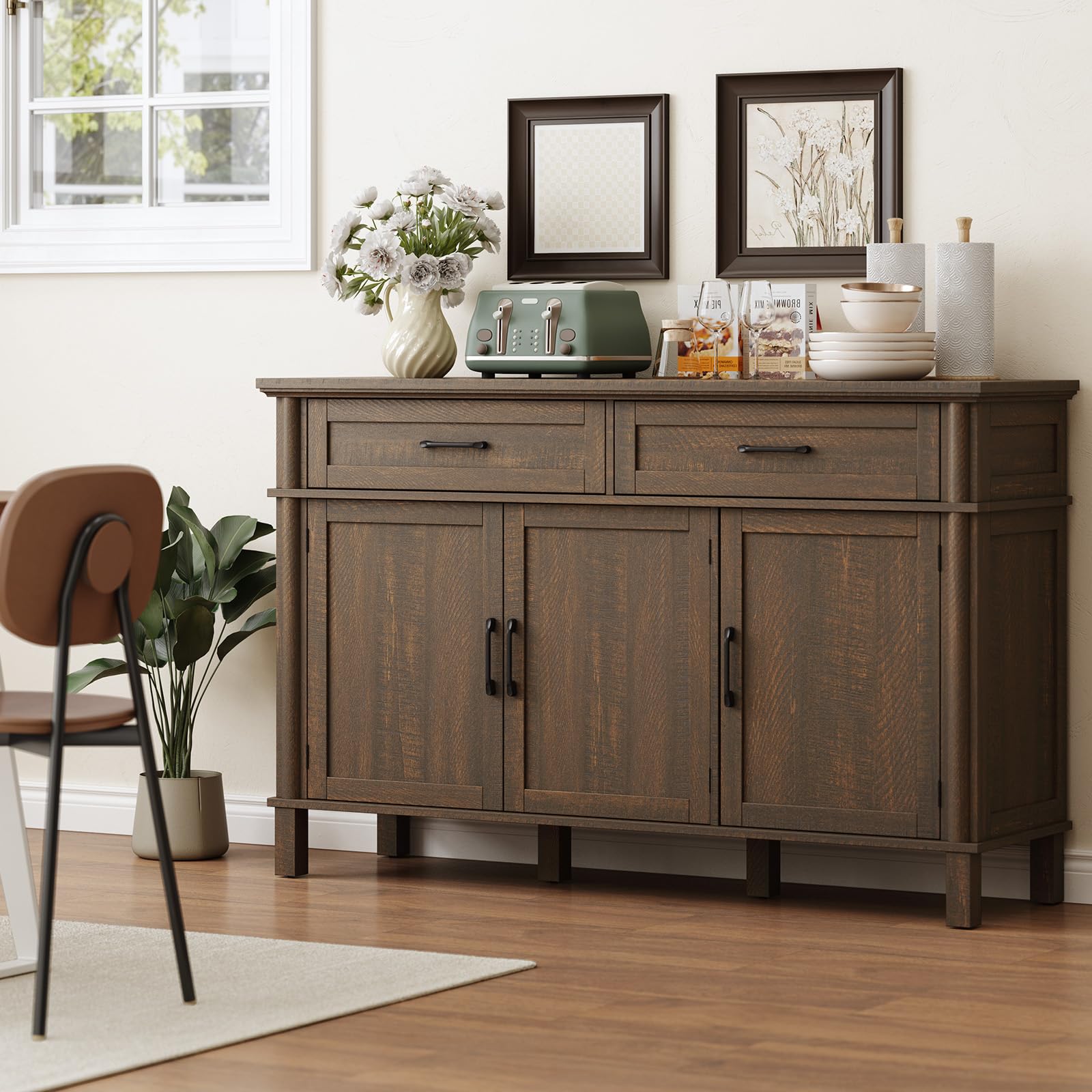 ONBRILL 48 Inches Buffet Cabinet with Storage, Farmhouse Sideboard Buffet w/2 Drawers and 3 Doors, Wood Coffee Bar Cabinet with Adjustable Shelves, Sideboard Storage for Kitchen, Living Room, Black