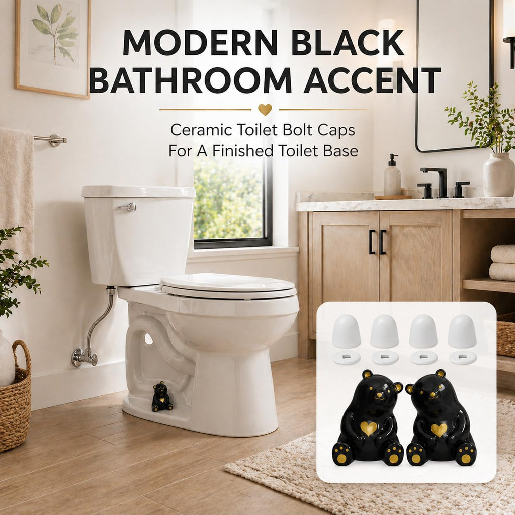 MENNTY Black Polar Bear Toilet Bolt Covers Decorative - 2 Glossy Black Ceramic Toilet Bolt Caps + 4 Universal Toilet Caps for Bottom of Toilet, Modern Monochrome Bathroom Decor