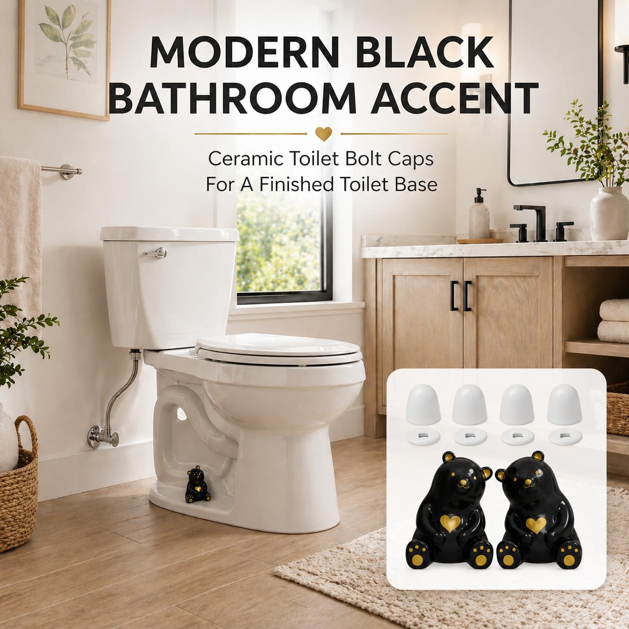 MENNTY Black Polar Bear Toilet Bolt Covers Decorative - 2 Glossy Black Ceramic Toilet Bolt Caps + 4 Universal Toilet Caps for Bottom of Toilet, Modern Monochrome Bathroom Decor