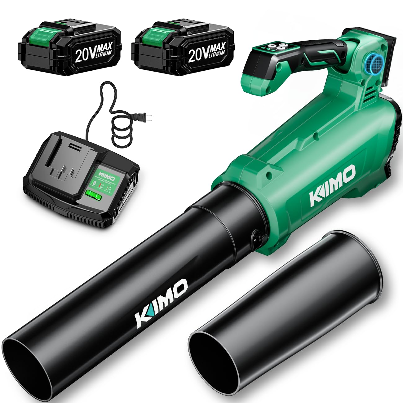 KIMO Leaf Blower Cordless with Battery and Charger, 540CFM/220MPH, Precision Adjustment Handle, 3Speeds w/ Visual Panel, Lightweight, 2 Extended Tube, 2* 2.0 Battery Powered Leaf Blowers for Lawn Care