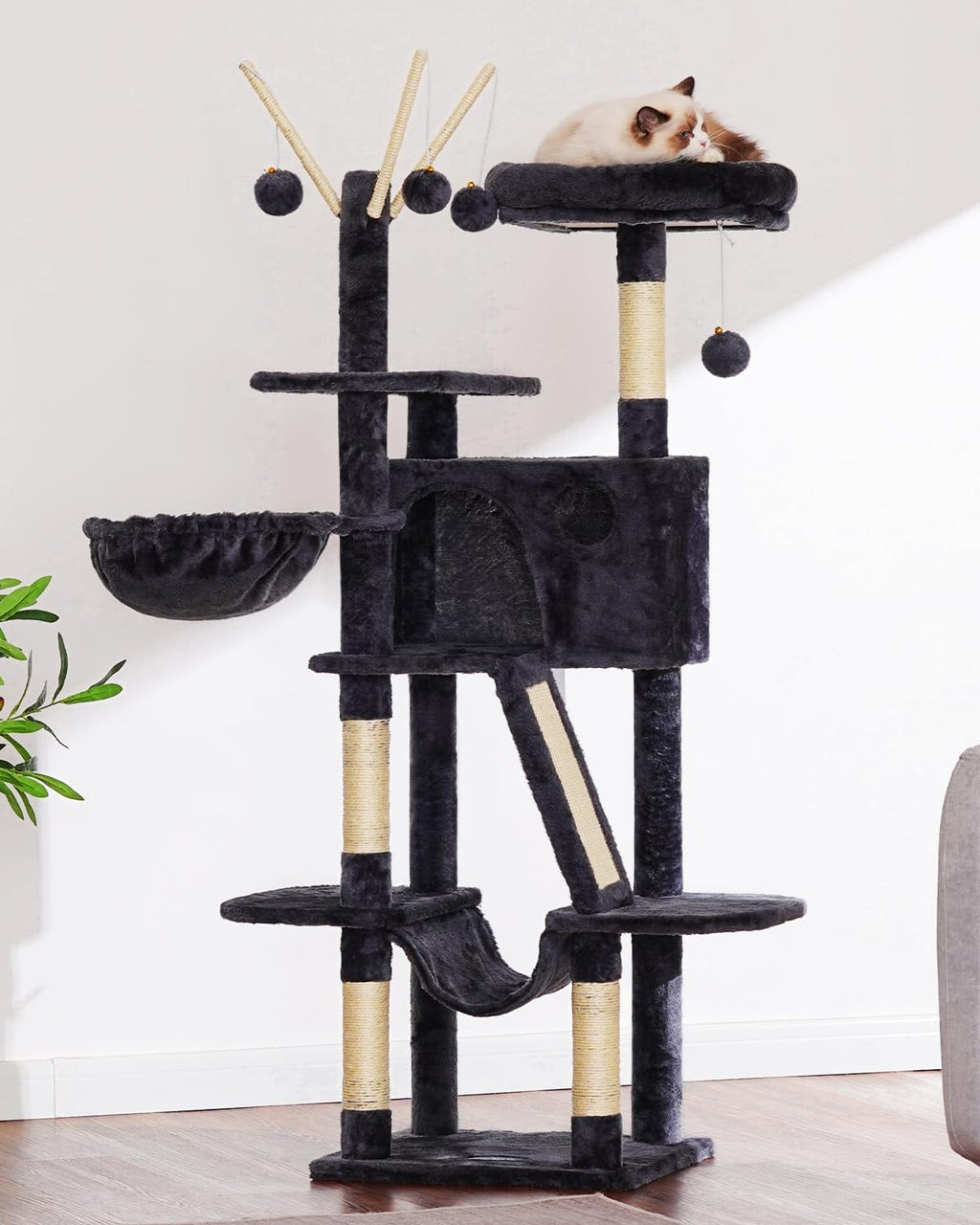 Hey-brother Cat Tree, 53 inch Cat Tower for Indoor Cats, Cat House with Padded Platform Bed, Toy Balls, Large Cozy Condo, Hammocks and Sisal Scratching Posts, Beige MPJ019-SM