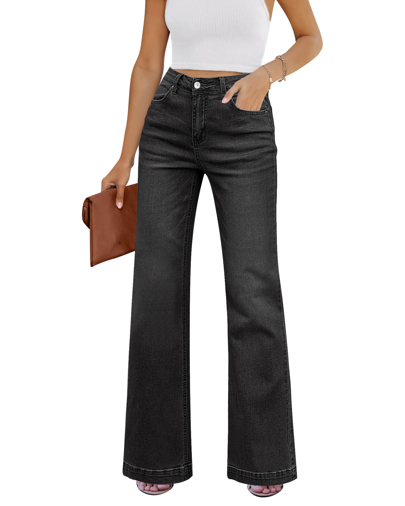 GRAPENT Womens Flare Jeans High Waisted Wide Leg Baggy Jean for Women Stretch Denim Pants