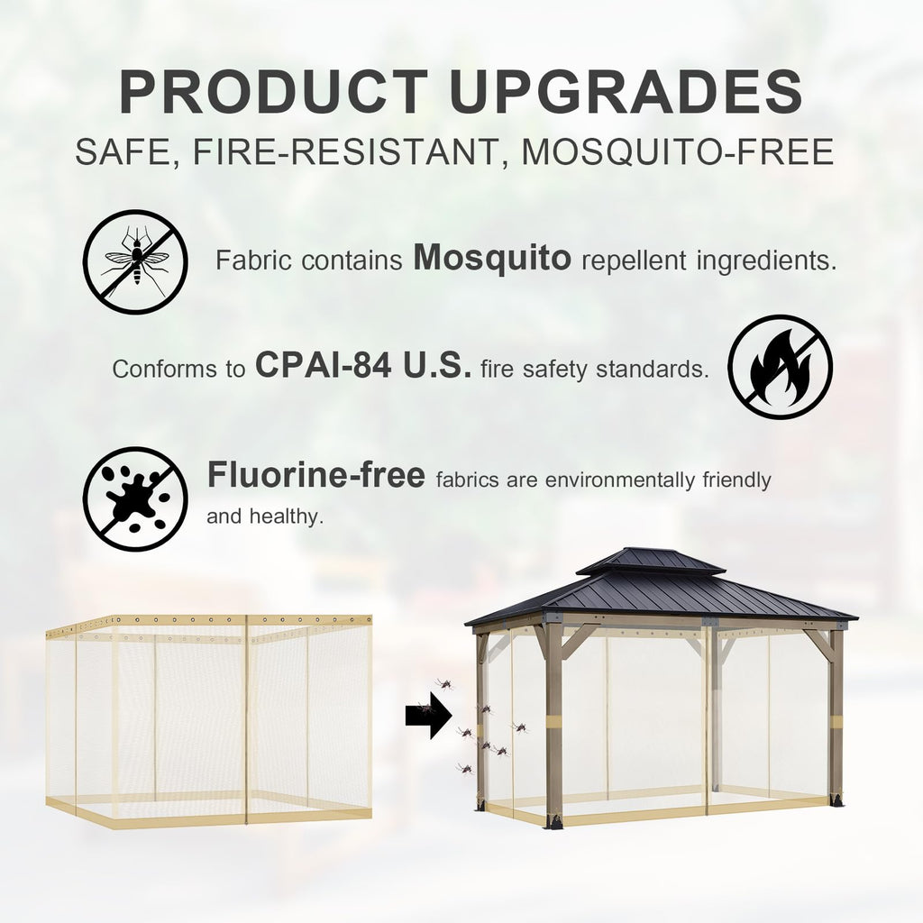 BPS 10' x 10' Gazebo Universal Mosquito Netting Screen Replacement, 4-Panel Mesh Screen Walls with Double Zippers for Outdoor Patio, Khaki (Mosquito Net Only)