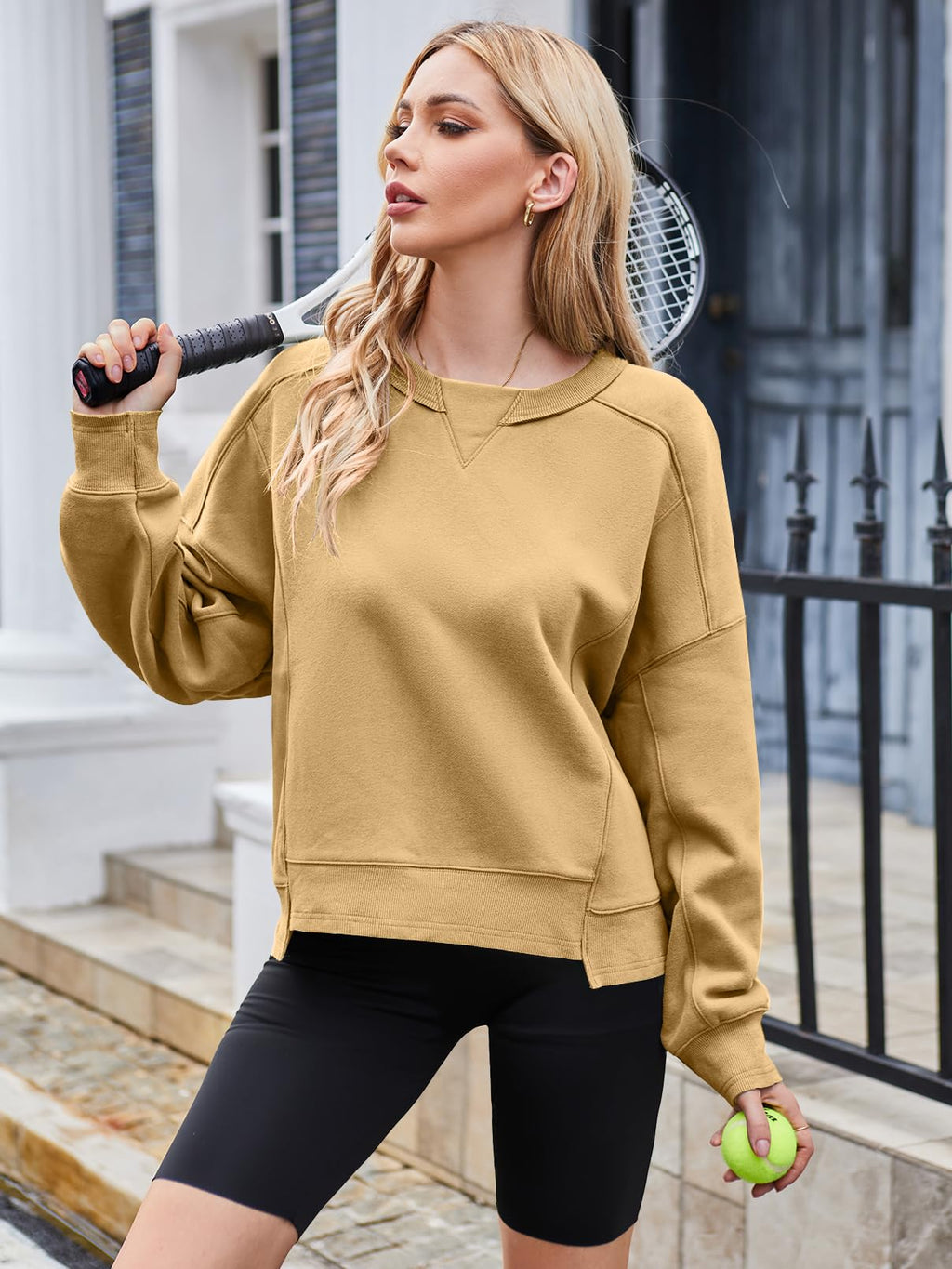 MEROKEETY Women's Oversized Cropped Sweatshirts Crewneck Trendy Workout Pullover Sweater Fall Outfits