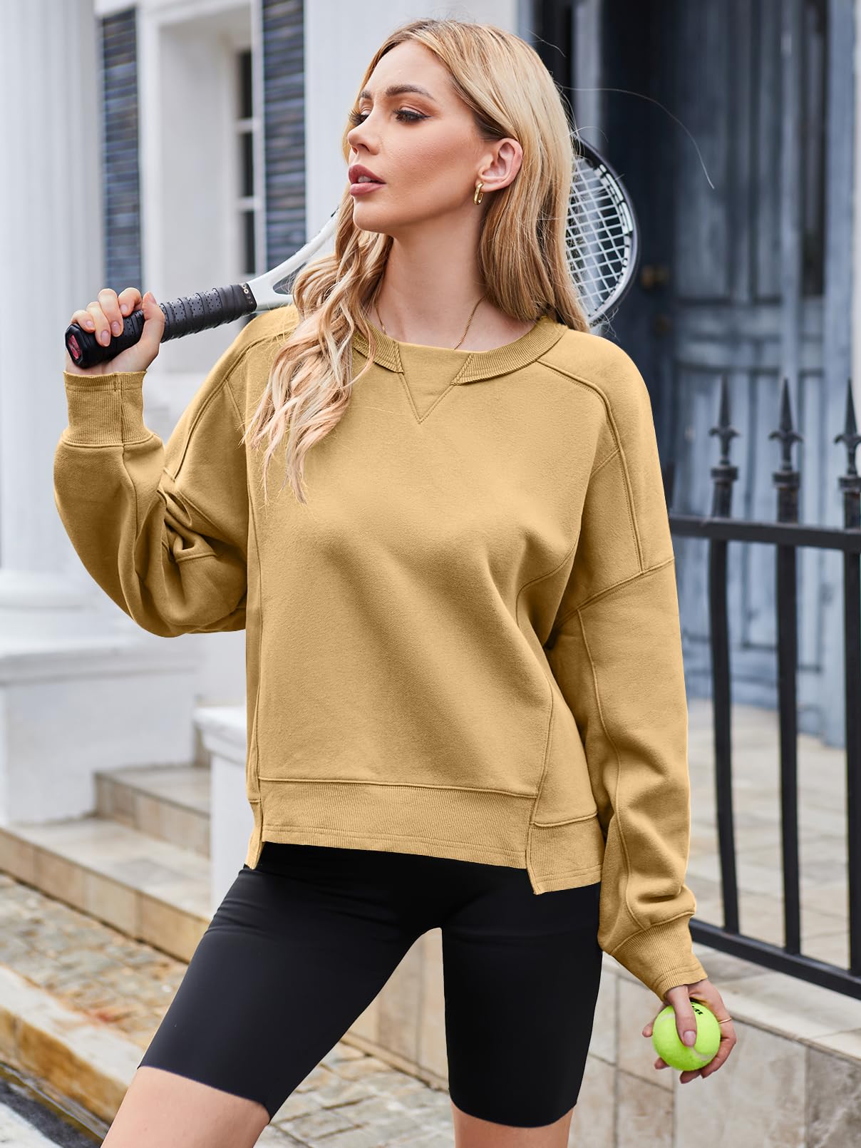 MEROKEETY Women's Oversized Cropped Sweatshirts Crewneck Trendy Workout Pullover Sweater Fall Outfits