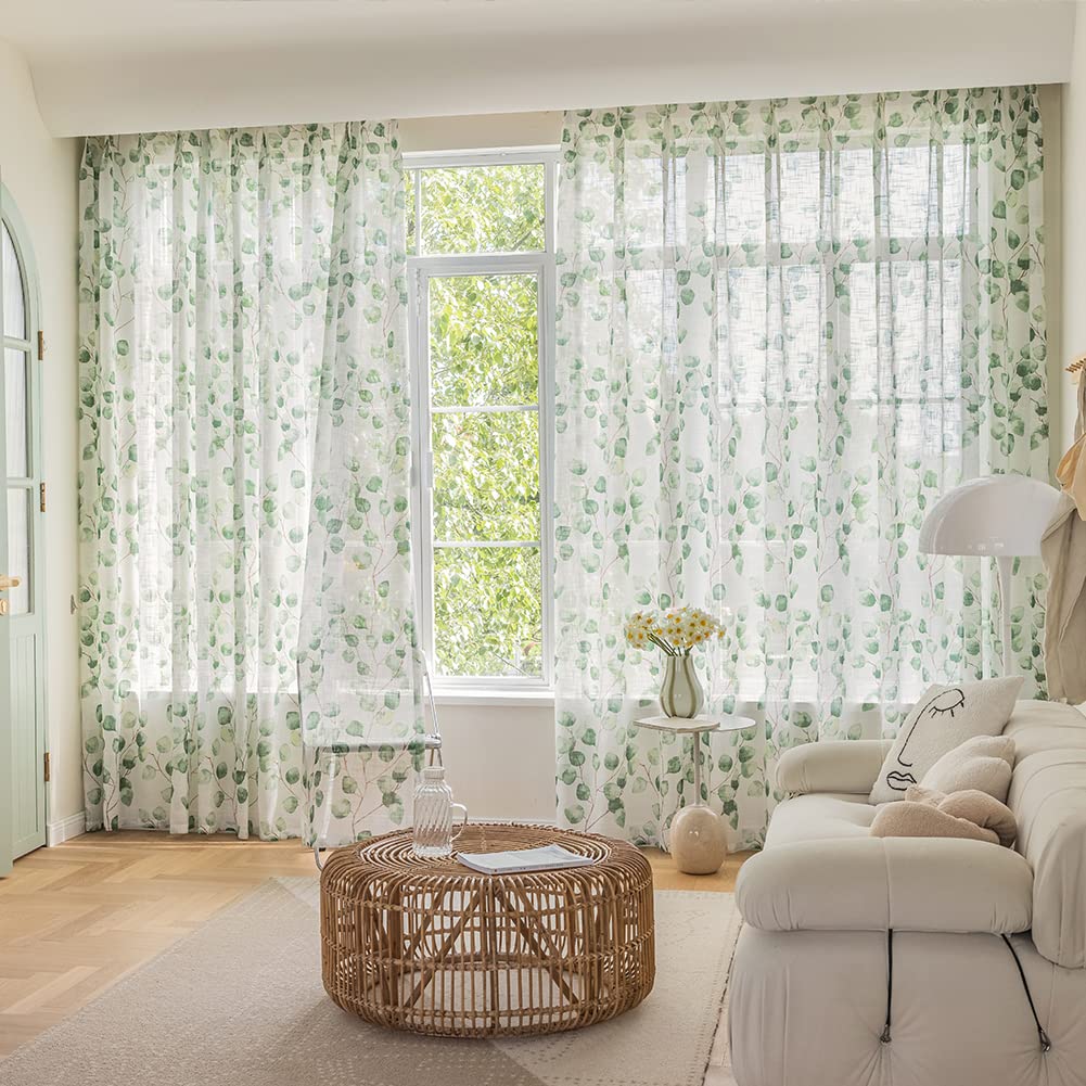 SUOUO Blue Leaf Semi Sheer White Curtains for Bedroom Dining Living Room Linen Textured 84 inches Long Rod Pocket Boho Window Drapes 2 Panels