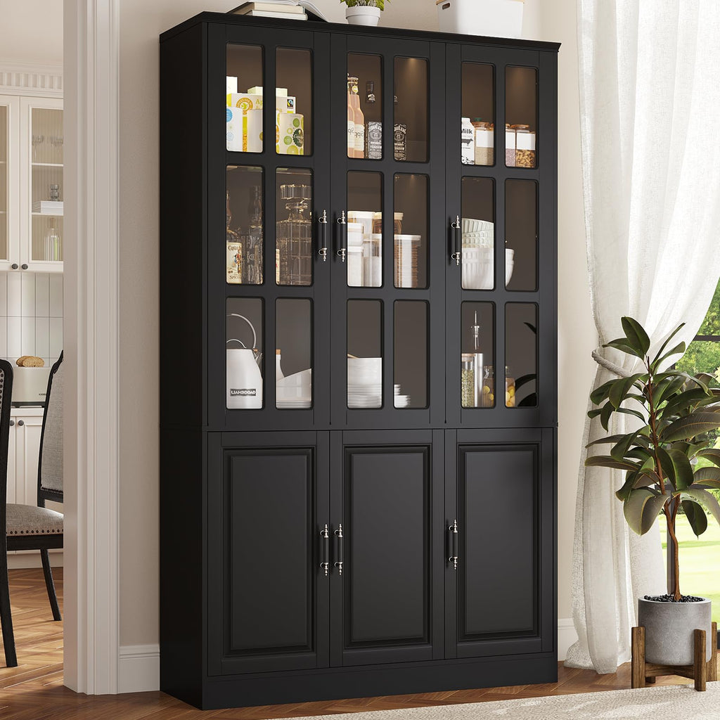 MEISSALIVVE Kitchen Pantry Storage Cabinet with LED Lights, 78.7" Tall with Glass Doors & Drawers, Freestanding Utility Cabinet, Black (31.5" W x 15.7" D)