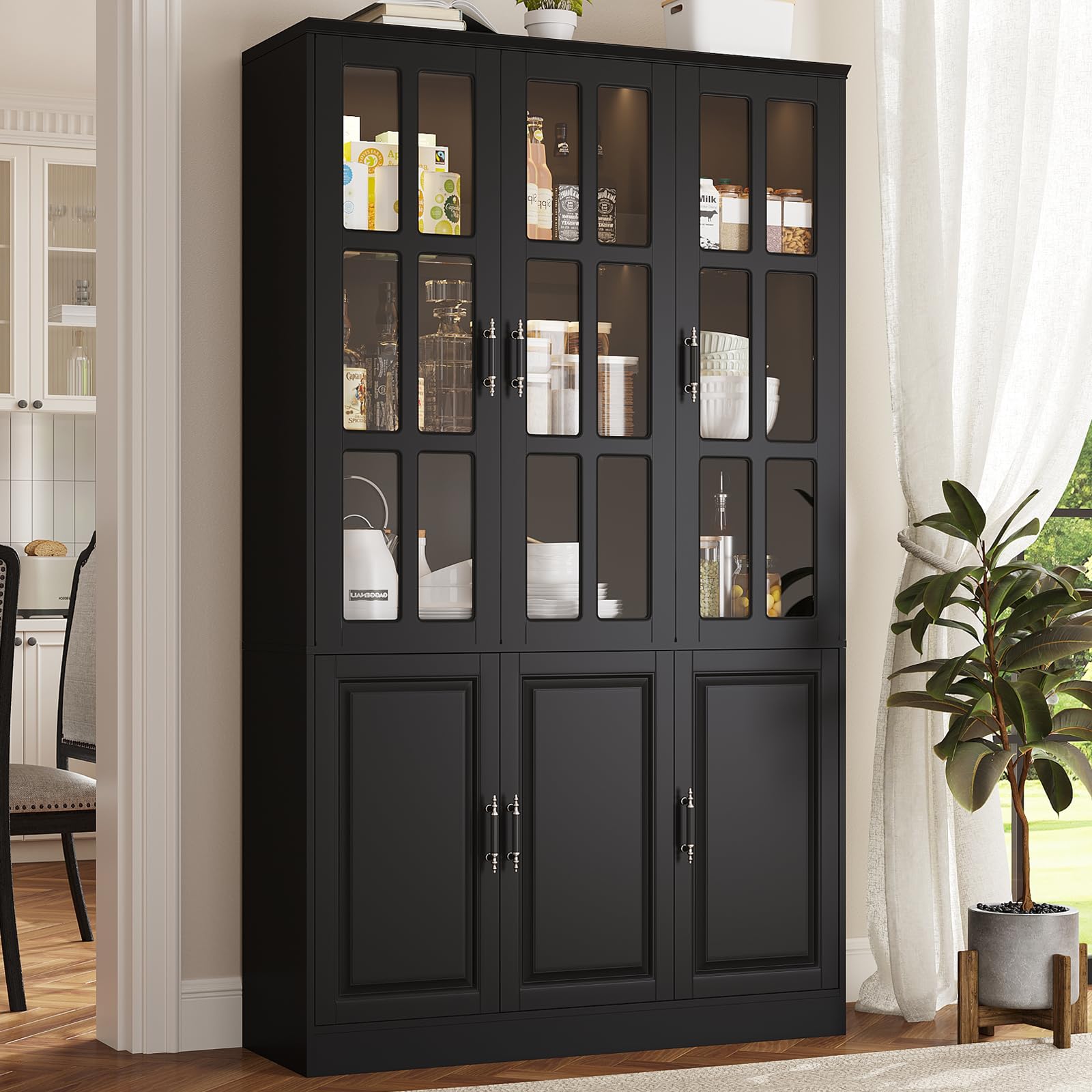 MEISSALIVVE Kitchen Pantry Storage Cabinet with LED Lights, 78.7" Tall with Glass Doors & Drawers, Freestanding Utility Cabinet, Black (31.5" W x 15.7" D)