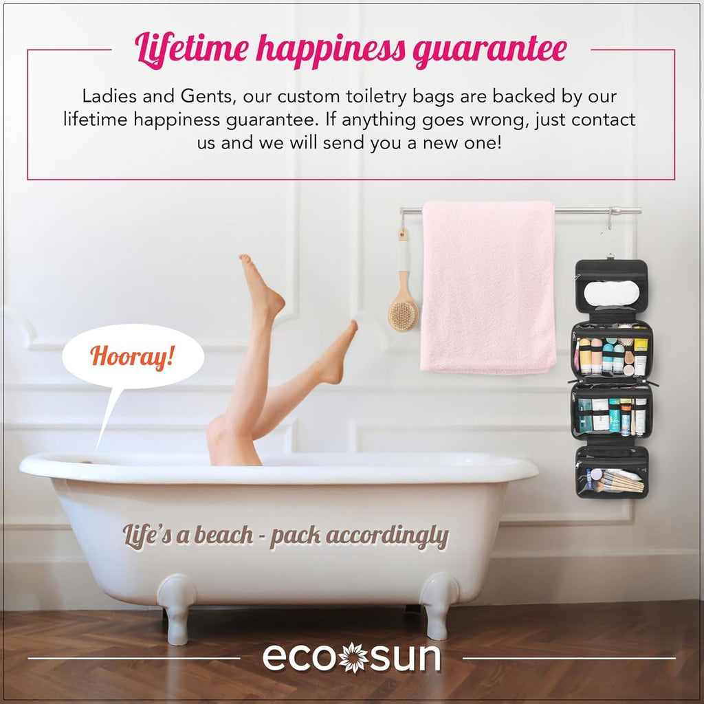 Eco Sun Hanging Travel Toiletry Bag — Designed in Hawaii — Water-resistant Travel Organizer for Bathroom Accessories (Black)