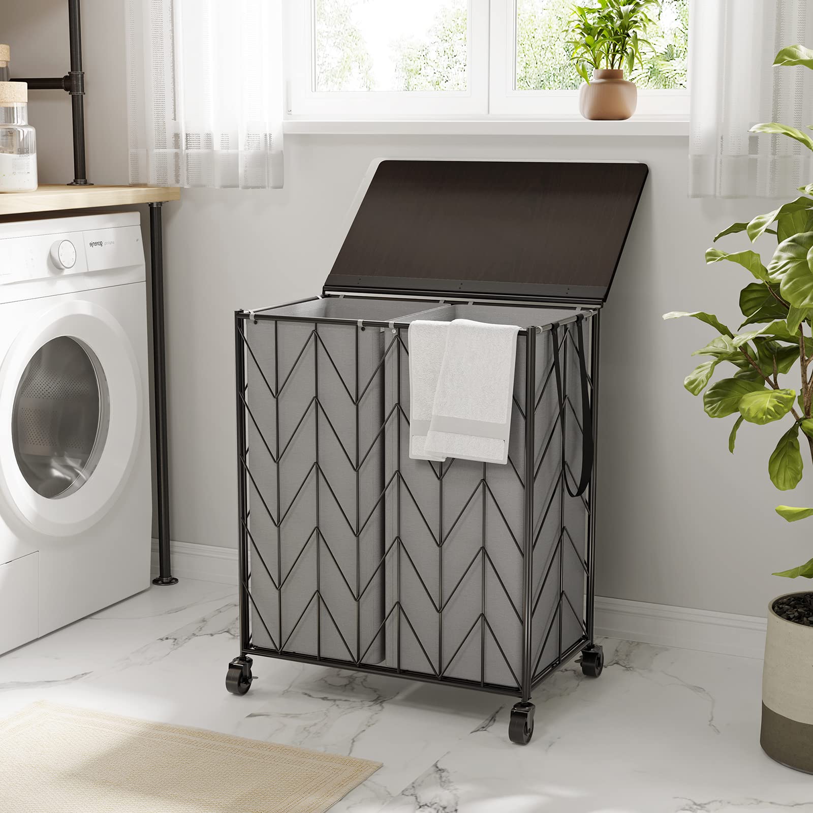 WOWLIVE Laundry Basket with Wheels, Heavy Duty Laundry Hamper with Wood Lid, Clothes Hamper with Divided Removable Liner Bag, Large Capacity Iron-Made Laundry Sorter Laundry Room Organization (Beige)