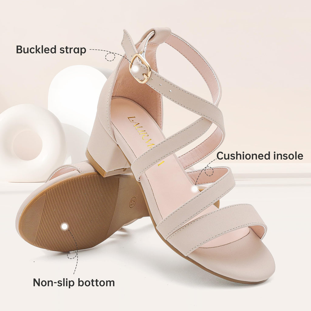 LAURMOSA Girls Sandals Chunky High Heel Strappy Open Toe Ankle Strap Dress Shoes for Little Big Kids in Wedding Party
