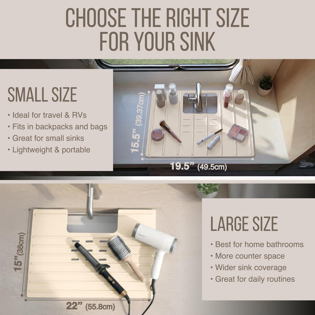 Maplefield Bathroom Sink Cover for Counter Space, Heat Resistant Silicone Sink Mat for Your Beauty Routine, Small Bathroom Space Saver Sink Cover for Makeup (Beige Large, 22" x 15" x 2" Inches)