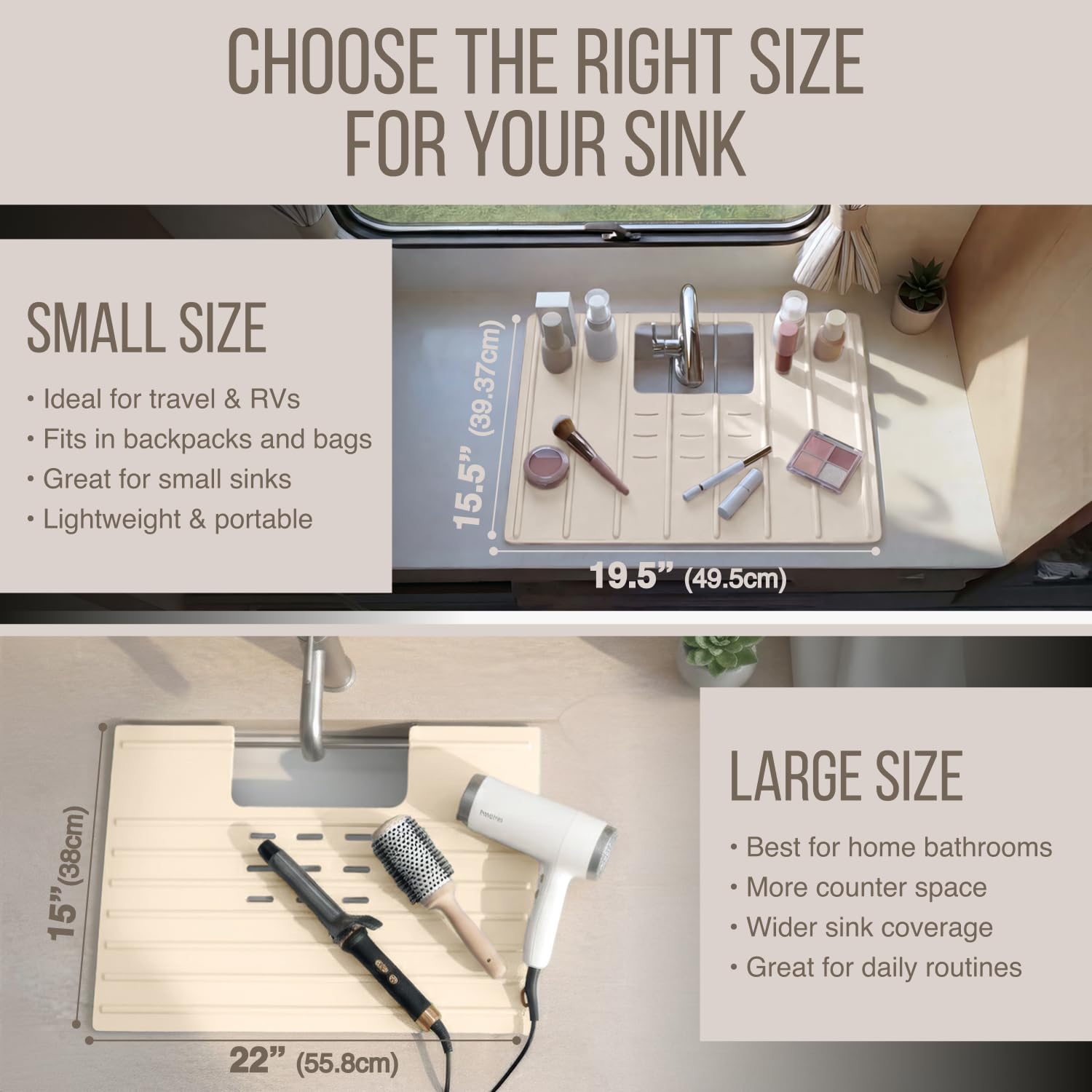 Maplefield Bathroom Sink Cover for Counter Space, Heat Resistant Silicone Sink Mat for Your Beauty Routine, Small Bathroom Space Saver Sink Cover for Makeup (Beige Large, 22" x 15" x 2" Inches)
