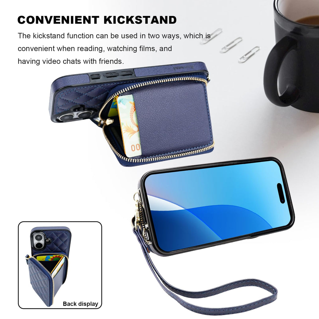 Bocasal Crossbody Wallet Case for iPhone 16, RFID Blocking PU Leather Zipper Handbag Purse Flip Cover, Kickstand Folio Case with Card Slots Holder Wrist Strap Lanyard 5G 6.1 Inch (Black)